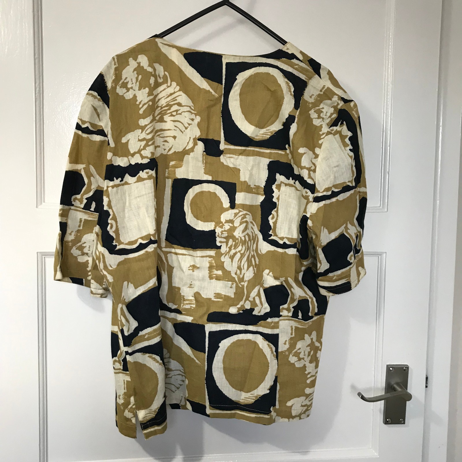Vintage Jacques Vert Lion Print Linen Yellow Blue Blouse Size 14 Oversized