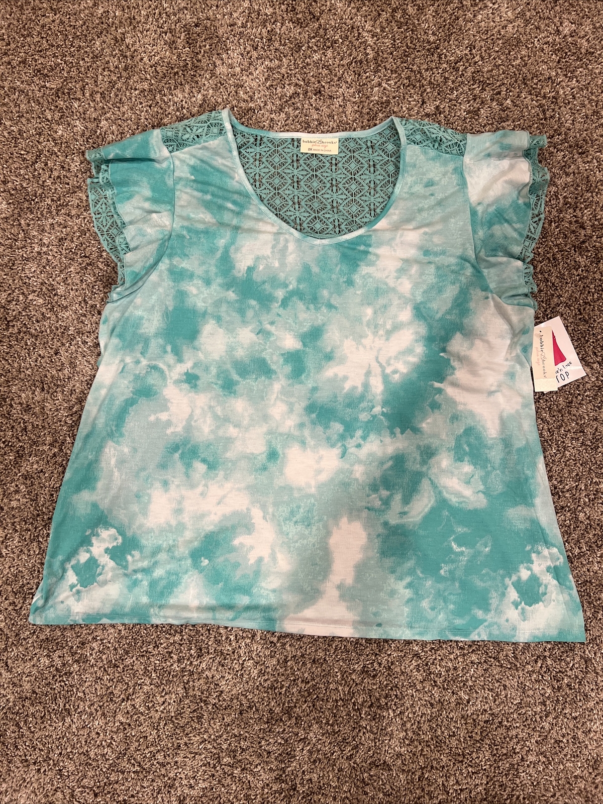 Bobbie Brooks Women’s Plus Size 2X Ruffle’n Lace Top- Turquoise Color- NEW