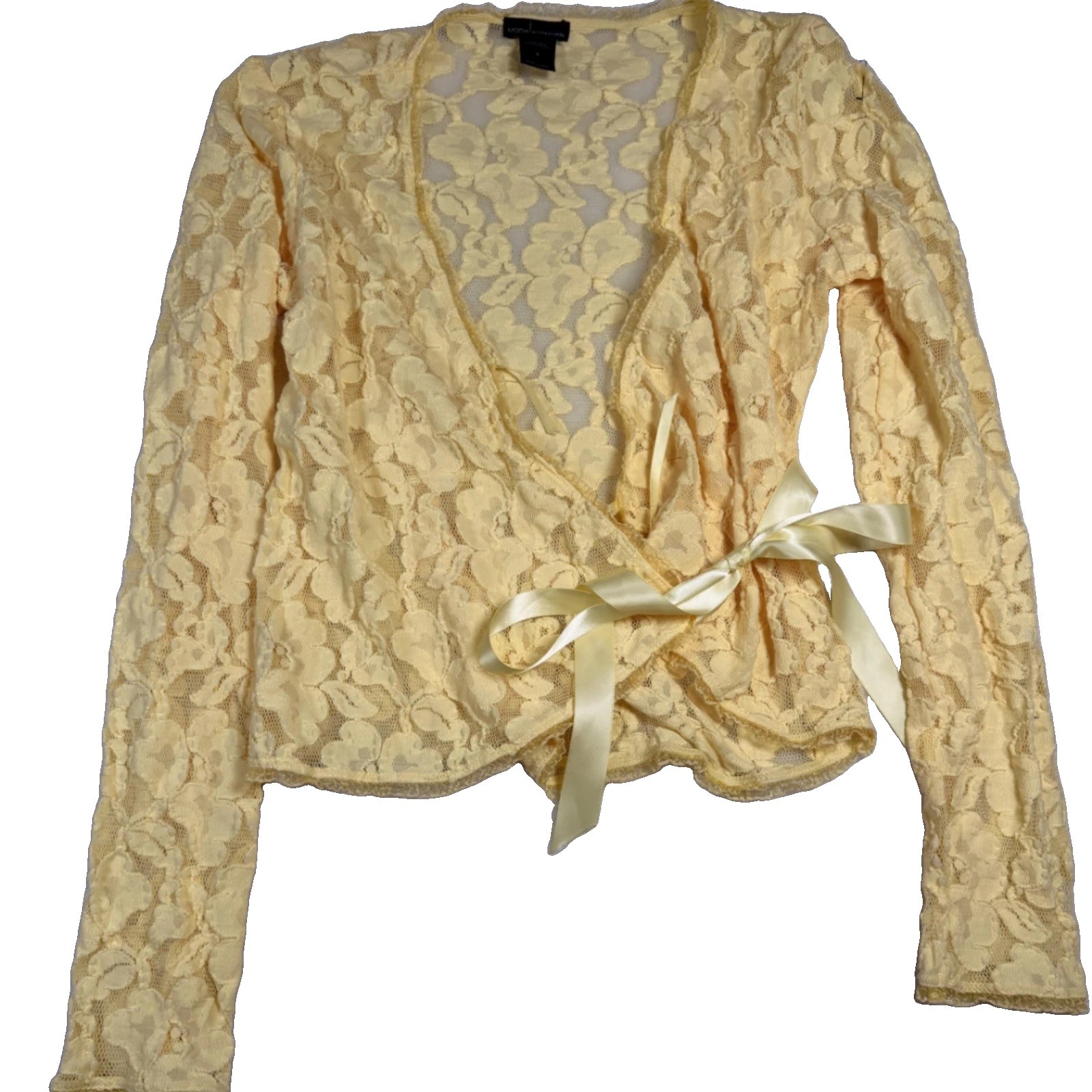 MODA INTERNATIONAL Blouse Womens Small Yellow Lace Wrap Tie Front Cropped Top