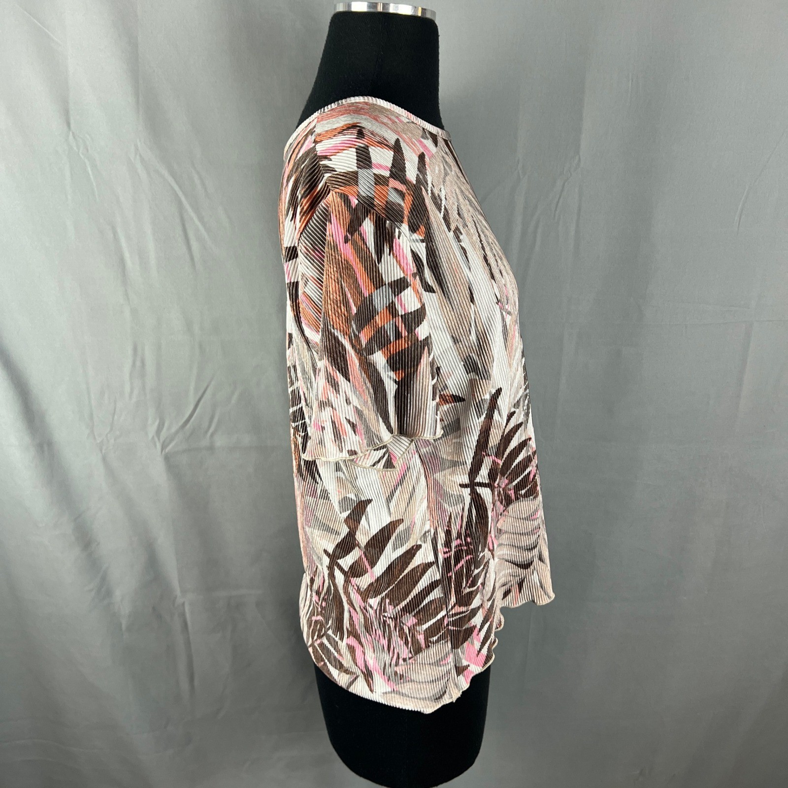 Womens Blouse Top Medium Multicolor Palm Leaf Ribbed Short Sleeve Crew Neck