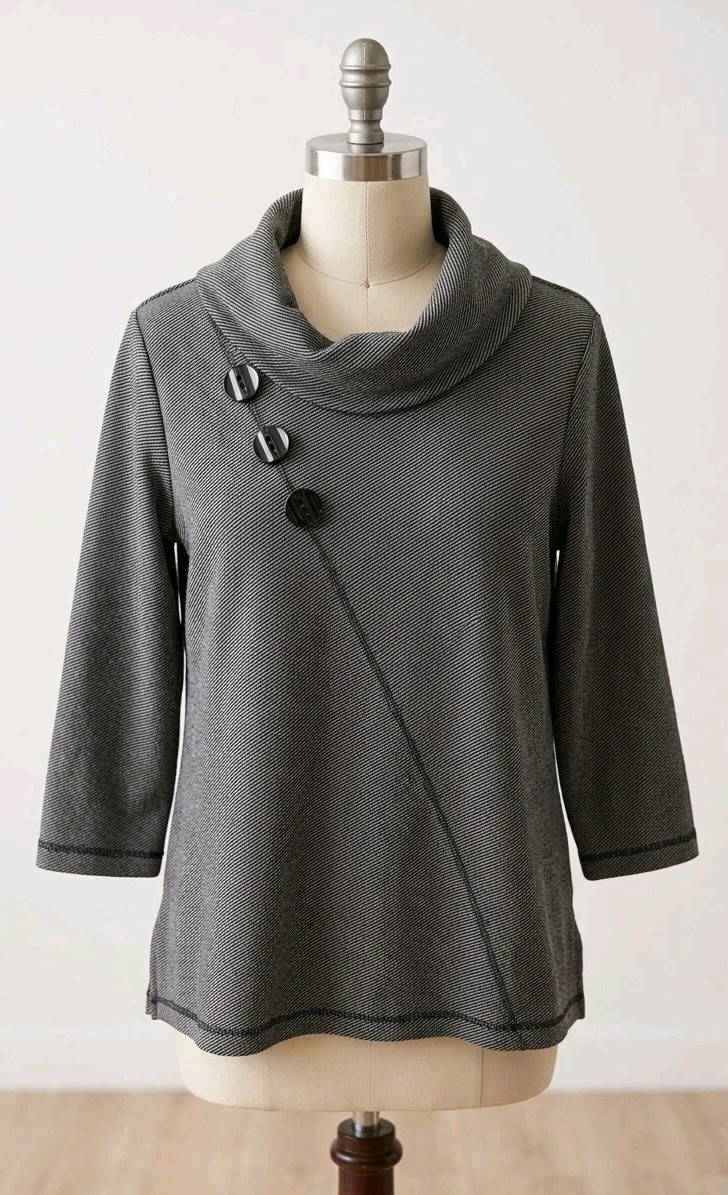 ​Ali Miles Tunic Pullover Cowl Neck Buttons Gray Black Striped Stretch Top Large