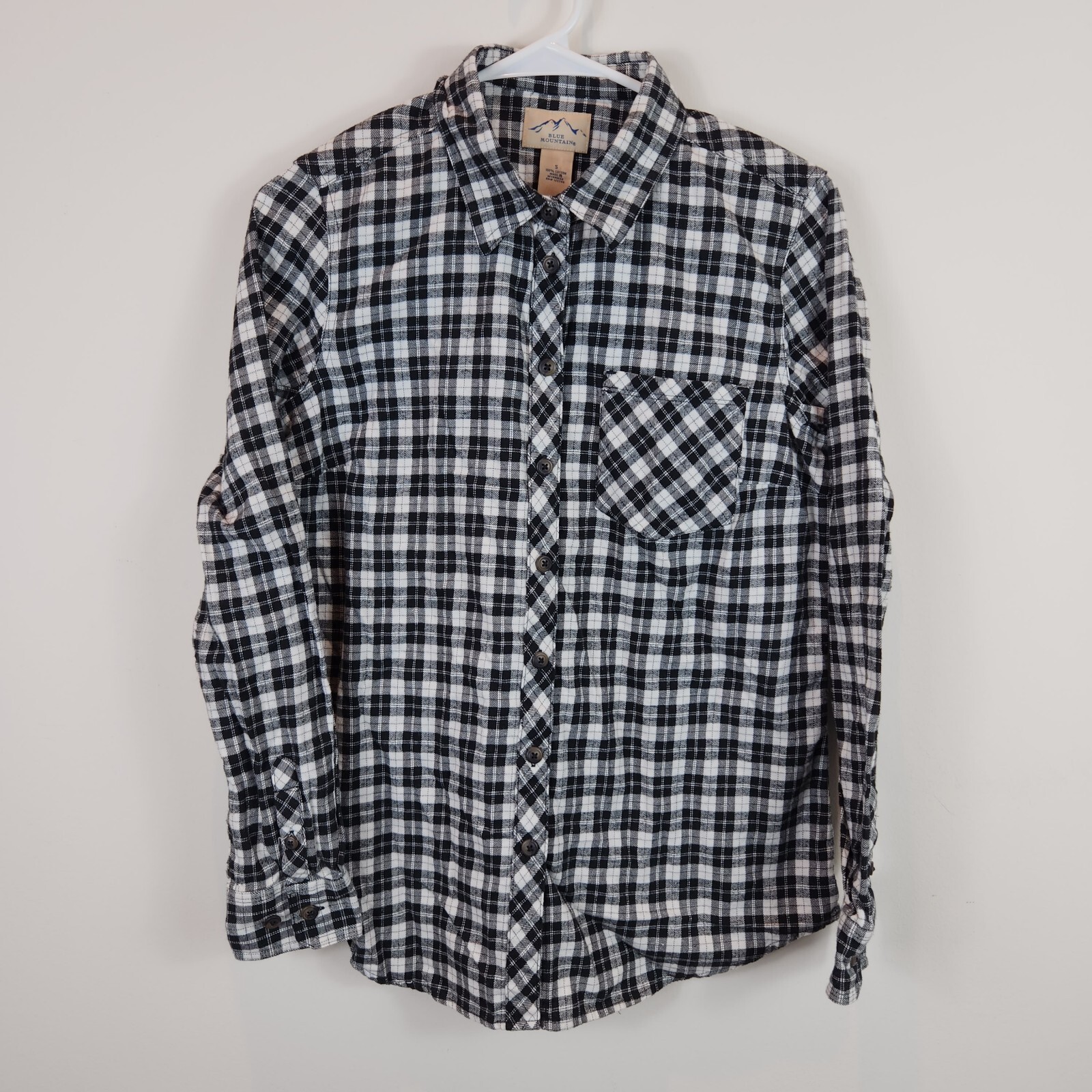 Blue Mountain Flannel Shirt Womens Small Plaid Black White Button Long Sleeve