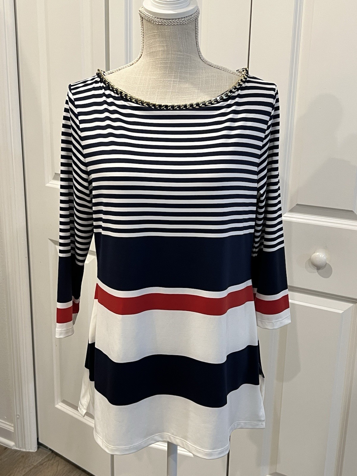 BOSTON PROPER TOP BLUE/WHITE/RED STRIPE RETRO PREPPY BEACH SAILING NAUTICAL L