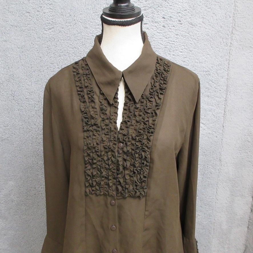 Milano Shirt Womens Large Ruffle Front Button Blouse Long Sleeve Dressy Top