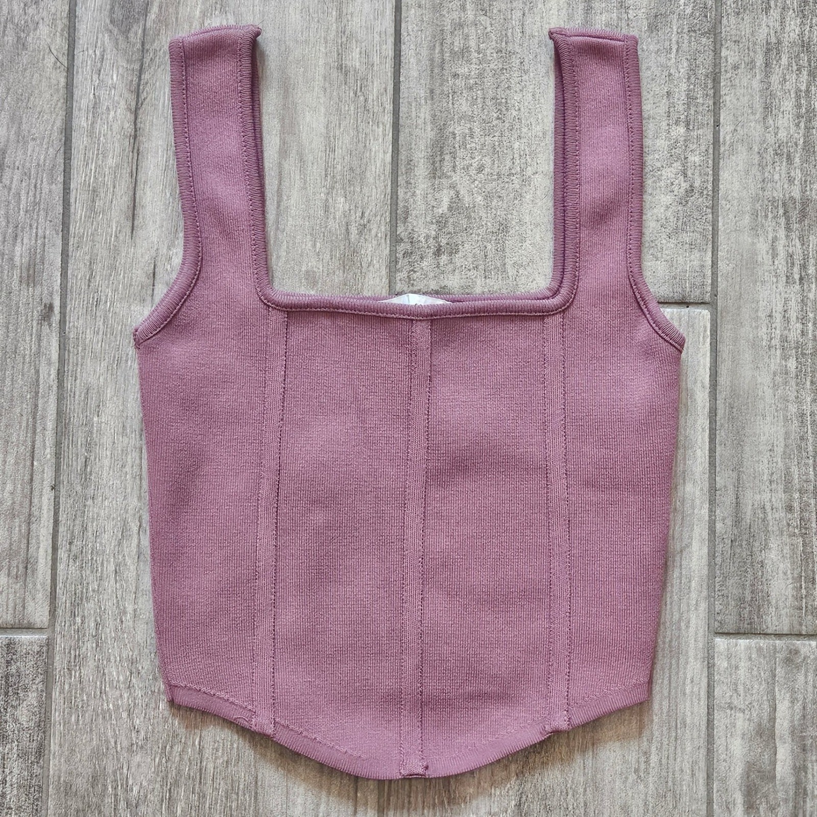 Zara Ribbed Knit Tank Top Size S Mauve Pink Square Neck Stretch Balletcore Basic