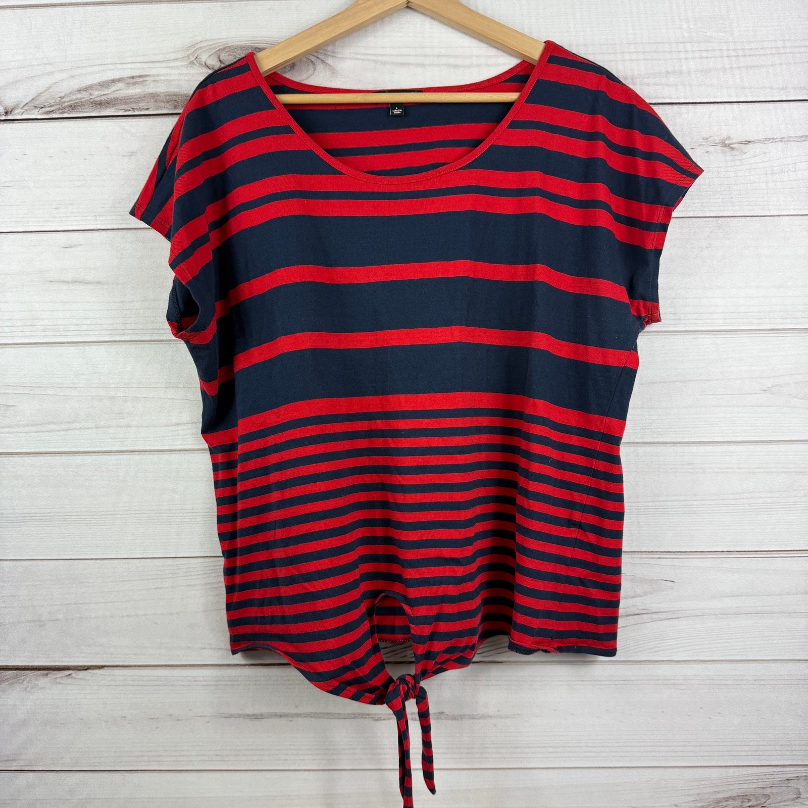RXB Women’s Navy Blue Red Striped Tie Knot Short Sleeve Top Size Large