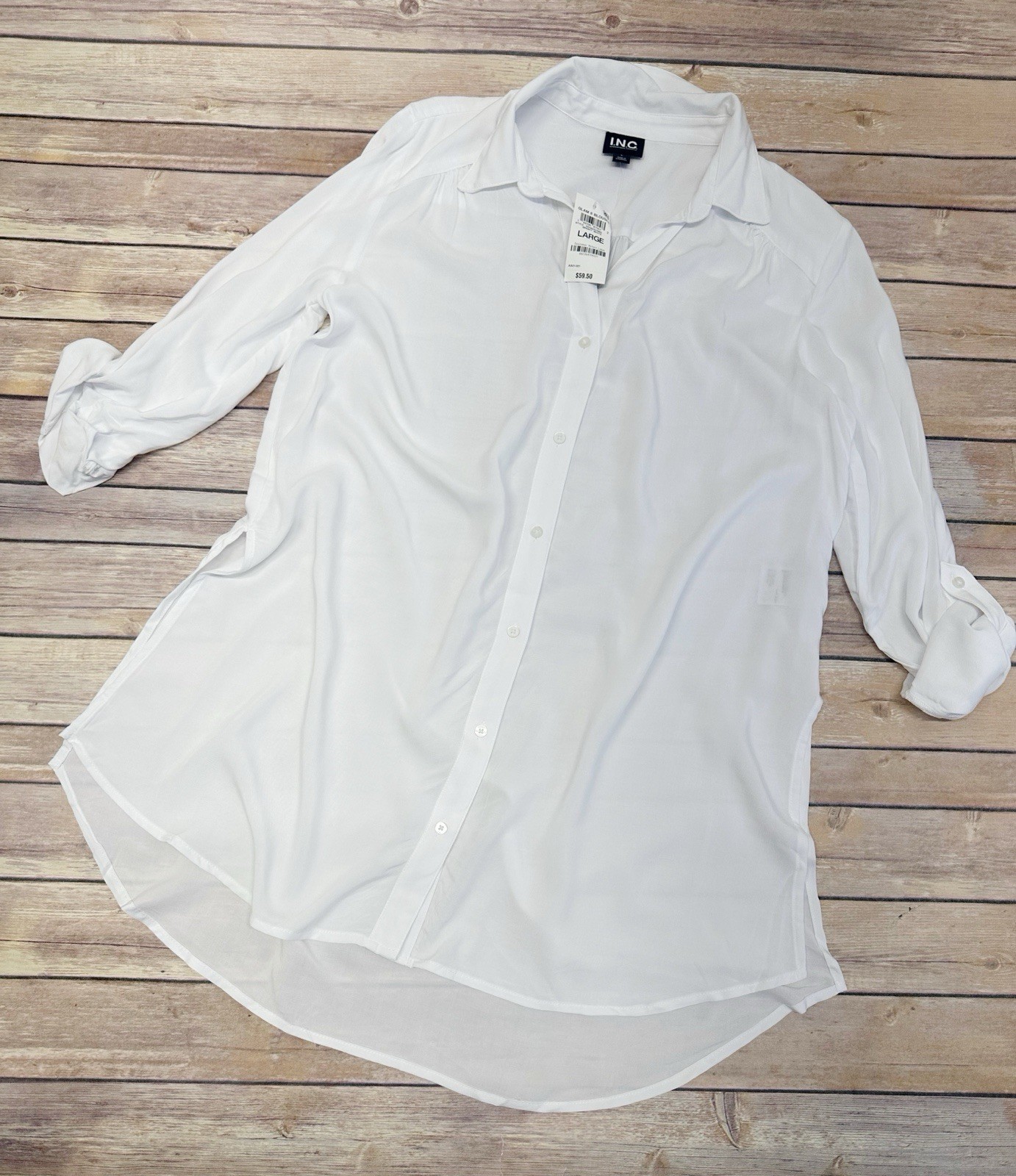 I.N.C. International Concepts Women’s Roll-Tab Button-Down Long White Blouse L