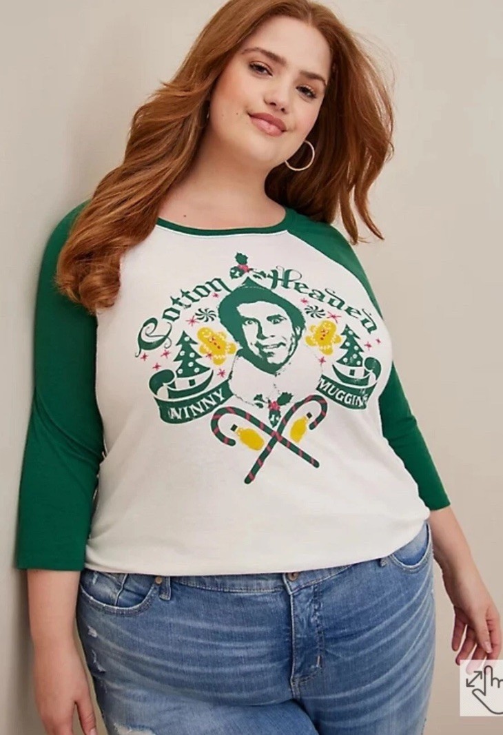 Torrid Plus Size 5 CLASSIC FIT RAGLAN TEE – BUDDY ELF holiday Christmas NWT