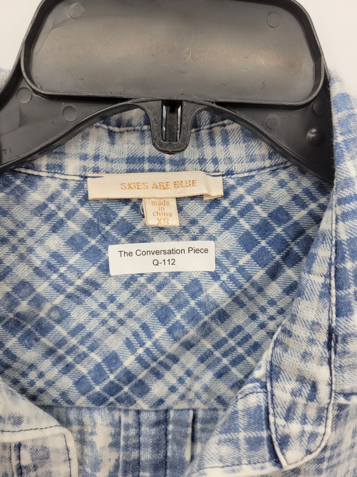 Skies are Blue Top Womens XS Blue Plaid Ombre Tab Sleeve Boho Blouse