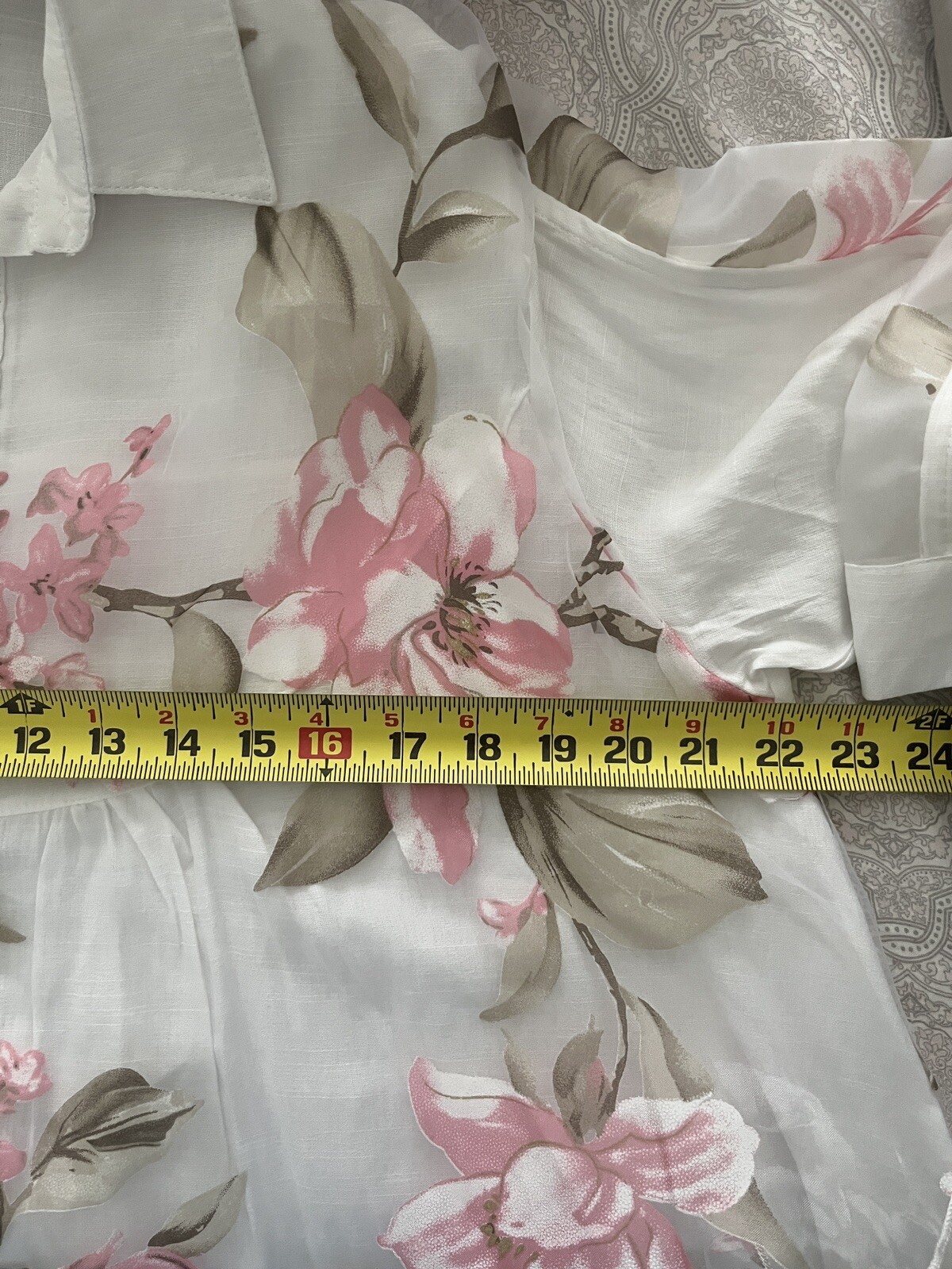 Womens Japanese Long Shirt Tunic Floral Linen White Pink Gray L