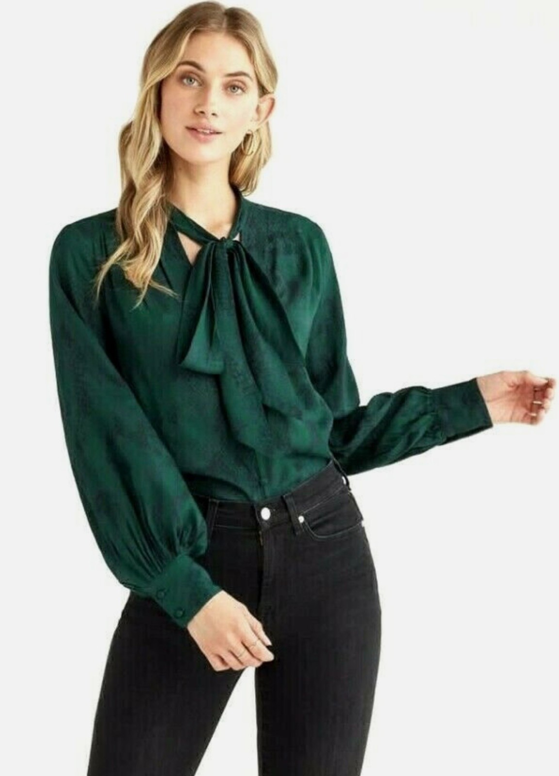 7 For All Mankind Bow Blouse Emerald Green Python Print Silk-Like XL Old Money