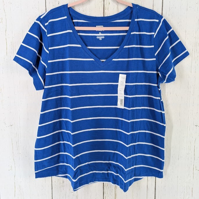 Sonoma Size XL Blue White Stripe The Everyday Tee Womens Short Sleeve Top NWT