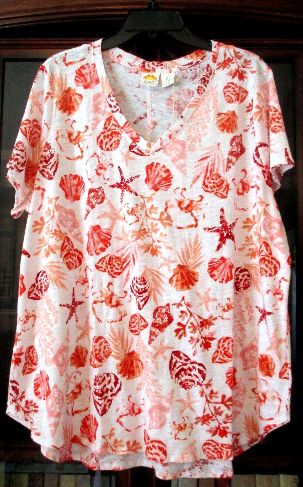 NWT C&C CALIFORNIA Sealife Print V-Neck Short Slv 100% Cotton Knit Top 2X