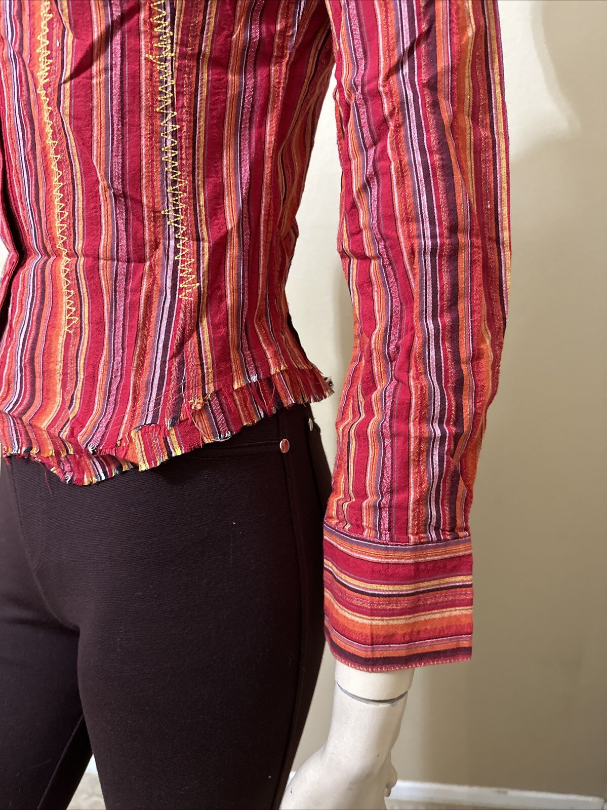 Women’s Red Striped Cotton Casual Embroidered Collared Size M Button-up Top