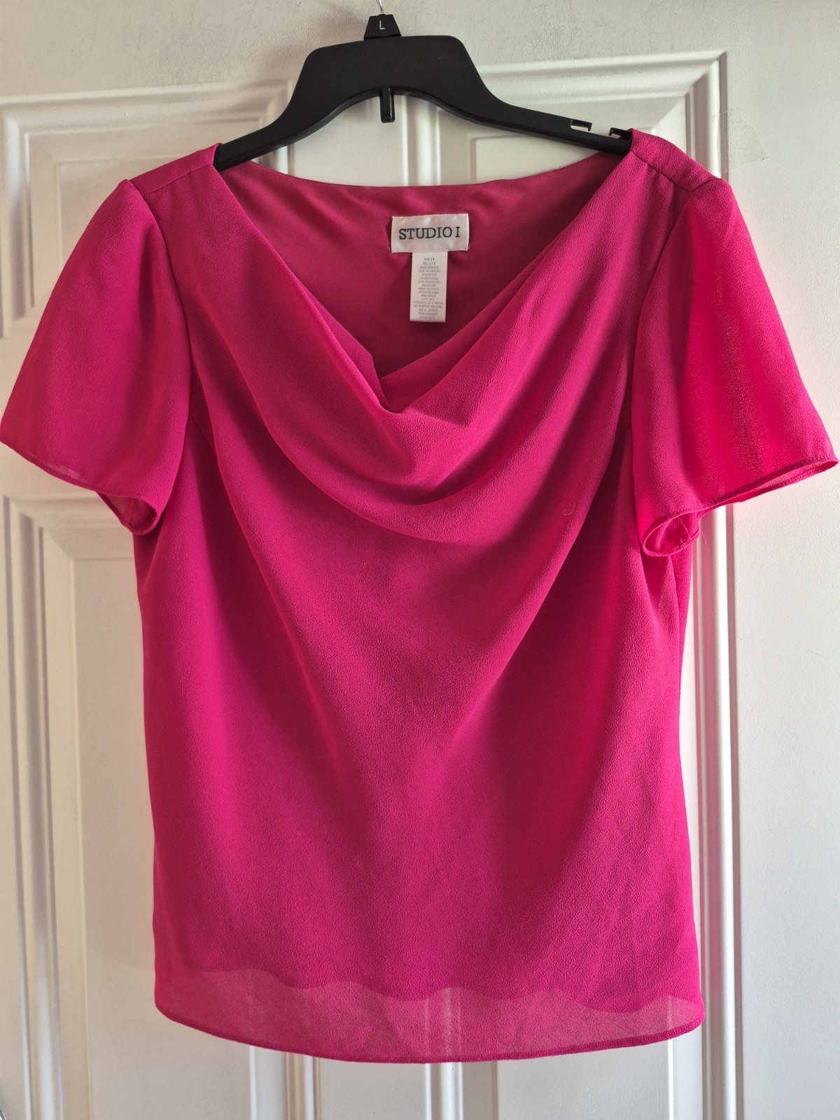 STUDIO I Blouse – 14 – Drape Neck, Short Sleeves, Bust & Back Waist Darts, Lined
