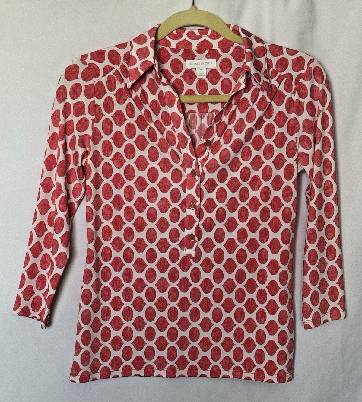 Charter Club Womens Sz PP Geometric Long Sleeve 1/2 Button Down Blouse