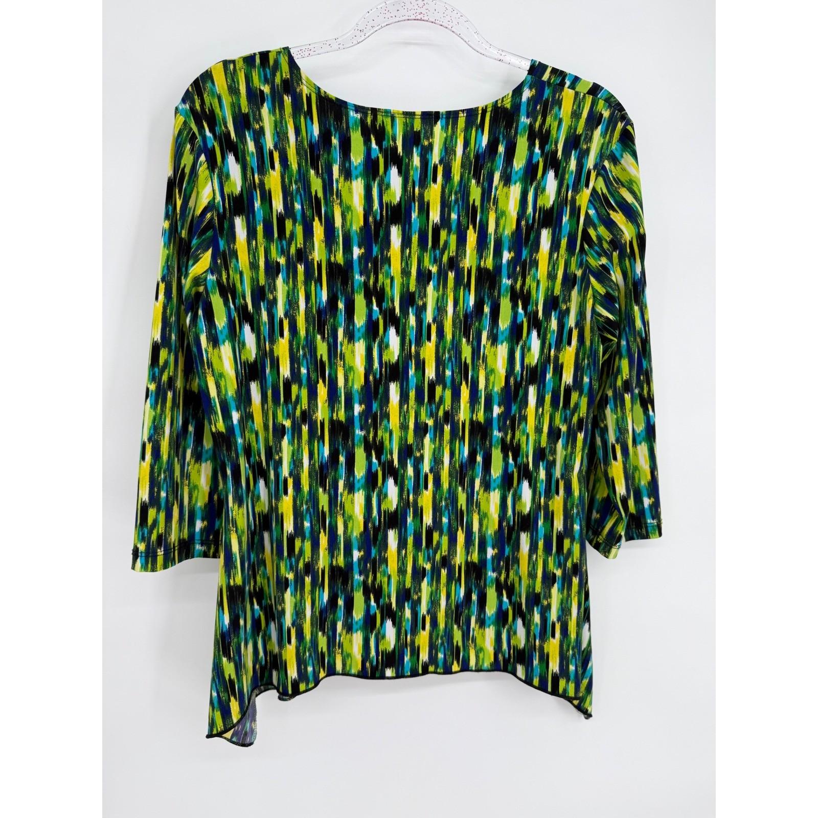 Nue Options Womens V-Neck 3/4 Sleeve Abstract Print Top Green Blue Yellow Sz M