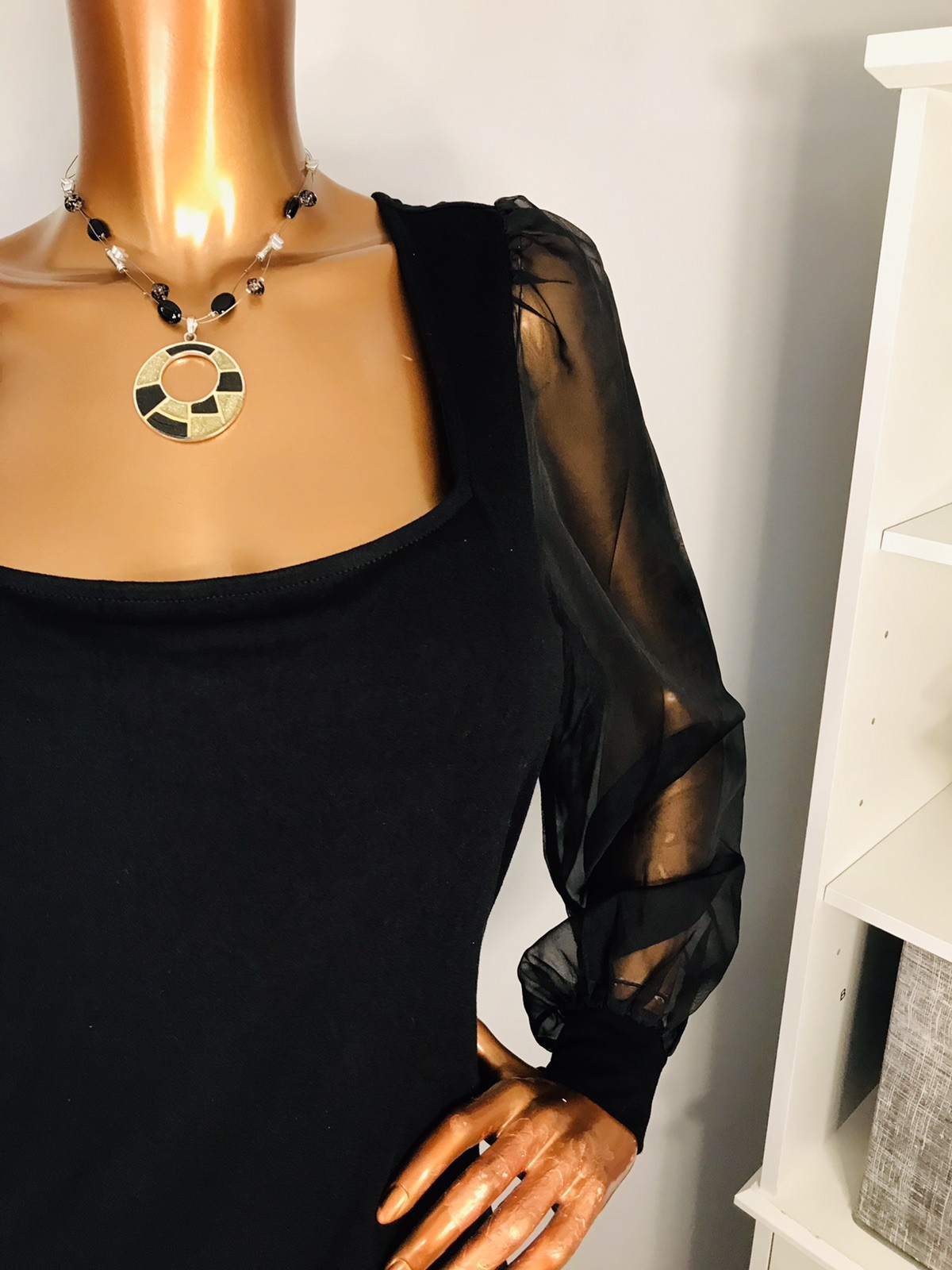 ELOQUII 14/16 or L Top Stretch Black NWT Long Sheer Sleeves Blouse Square Neck