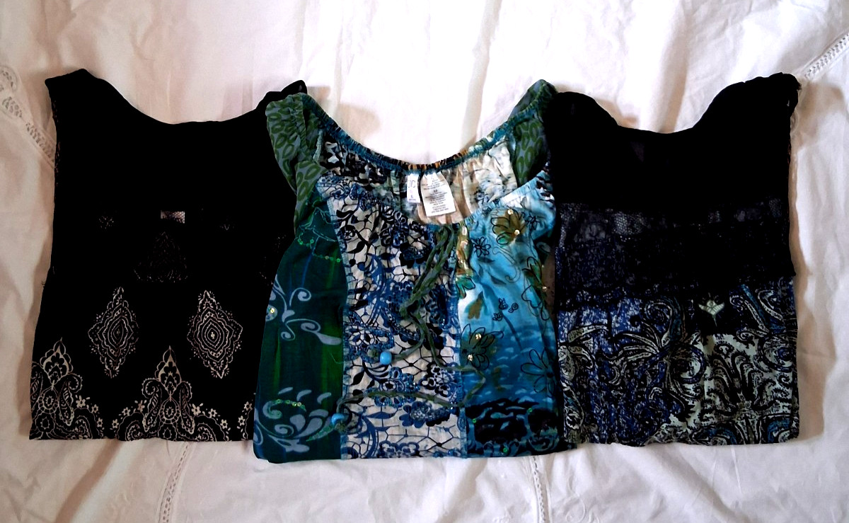 Bila Womens Summer Tops- Lot of 3- Black/White, Blue/Green, Black/Blue – Sz. XL