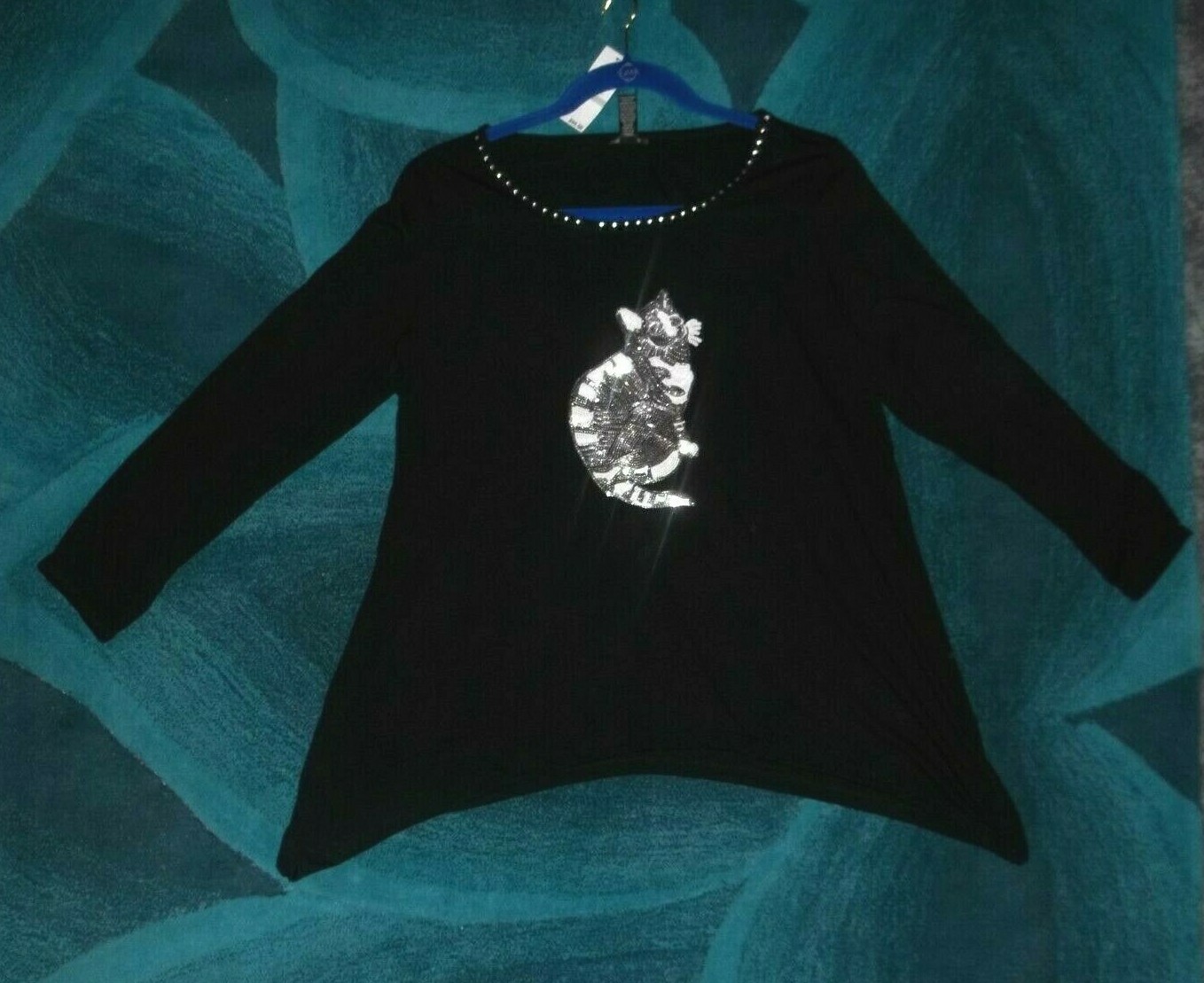 Black or Blue SILVER Sequin Kitty CAT T-Shirt Top Shirt Womens 1X or 2X NWT