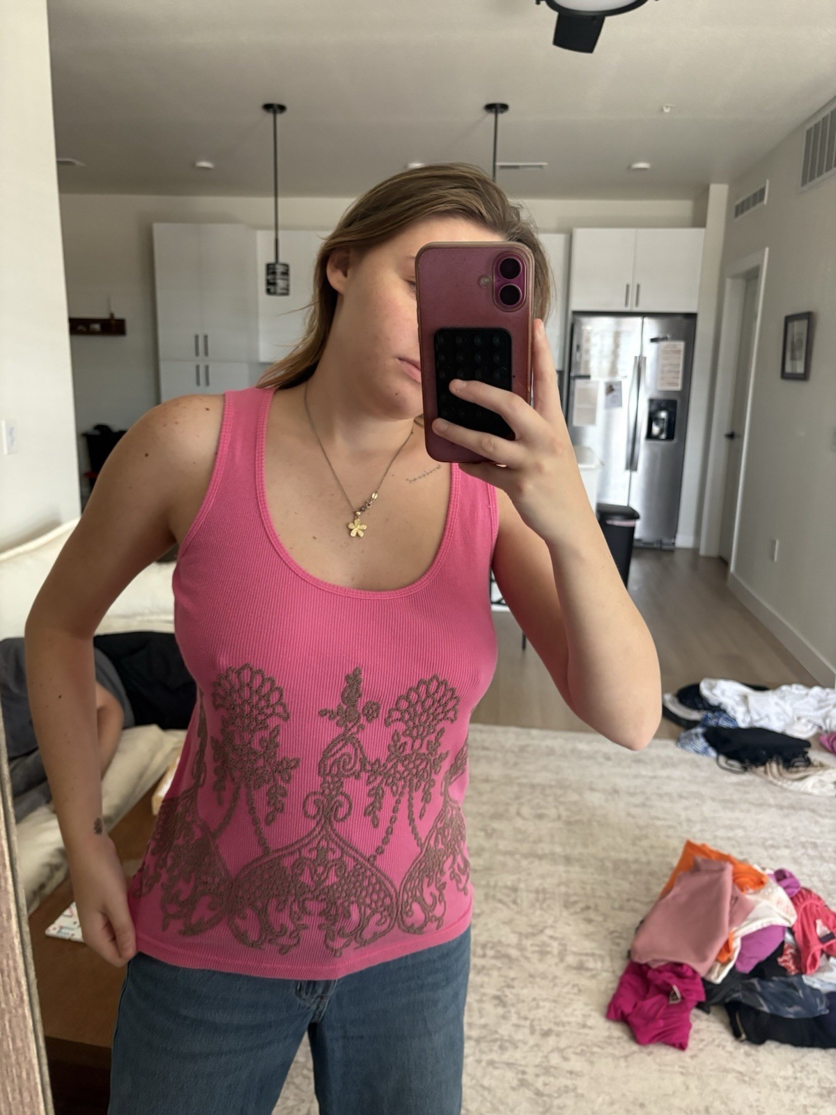 En Crème Women’s M Pink Knit Beaded Scoop Neck Sleeveless Pullover Tank