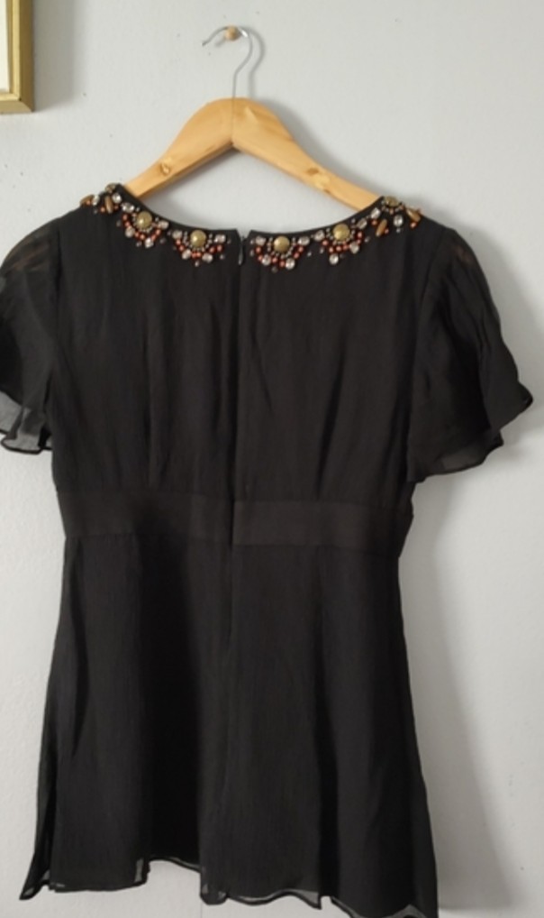 Nanette Lepore Top Blouse Black Size 2 Zipper Back Embellished Neck Good Conditi