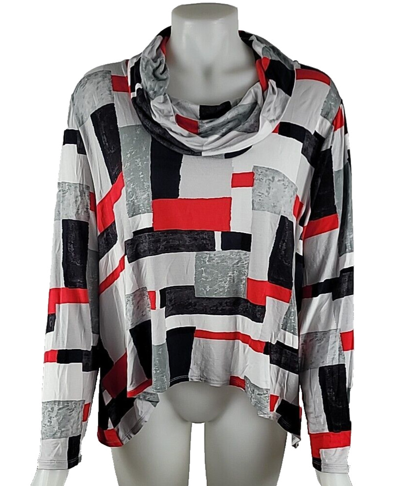Liv Habitat Clothing TRIBECCA TOPPER Black White Gray Red Cowl Shirt Knit Top L