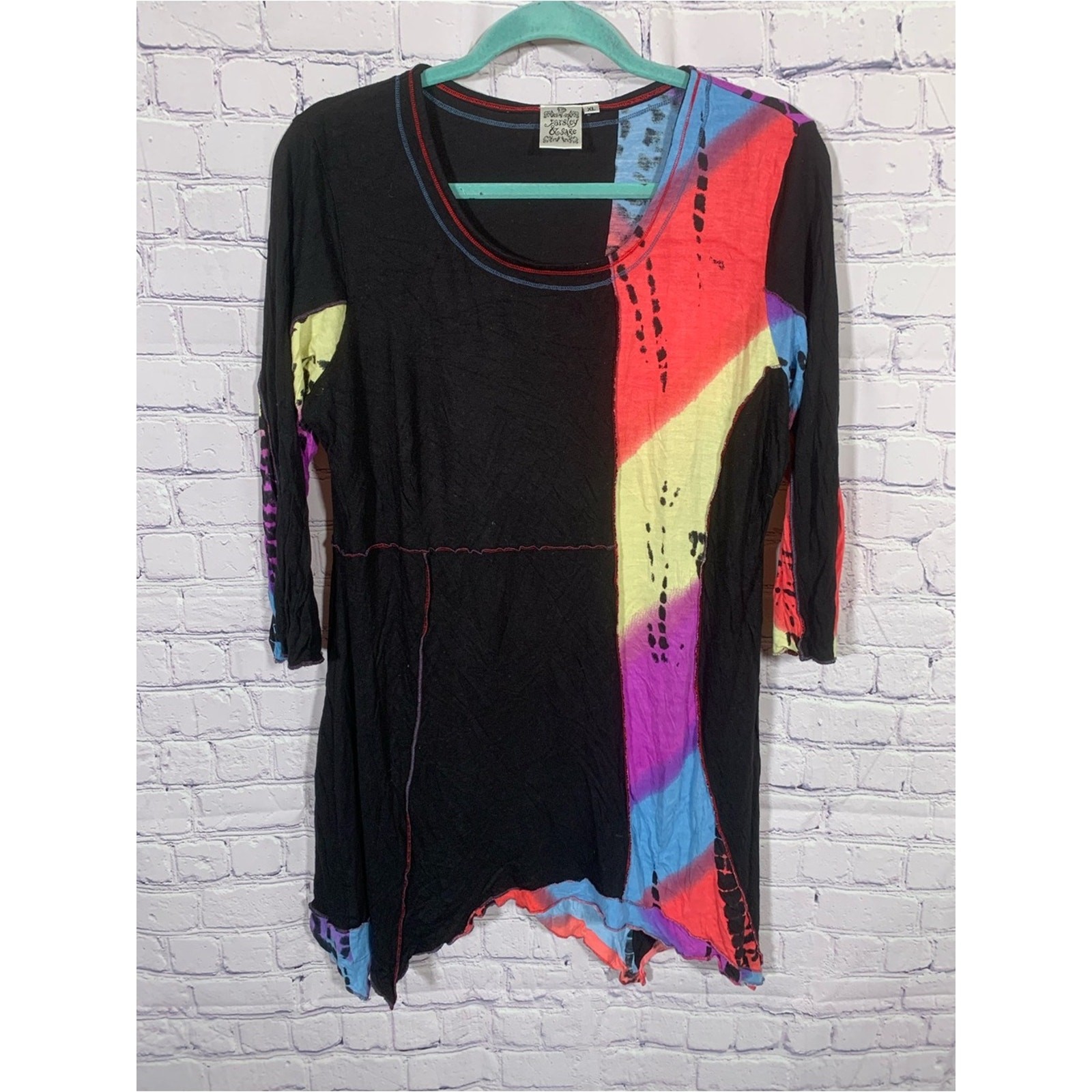 Parsley & Sage Womens Patchwork Lagenlook Scoop Neck Top Sz XL Artsy Whimsigoth