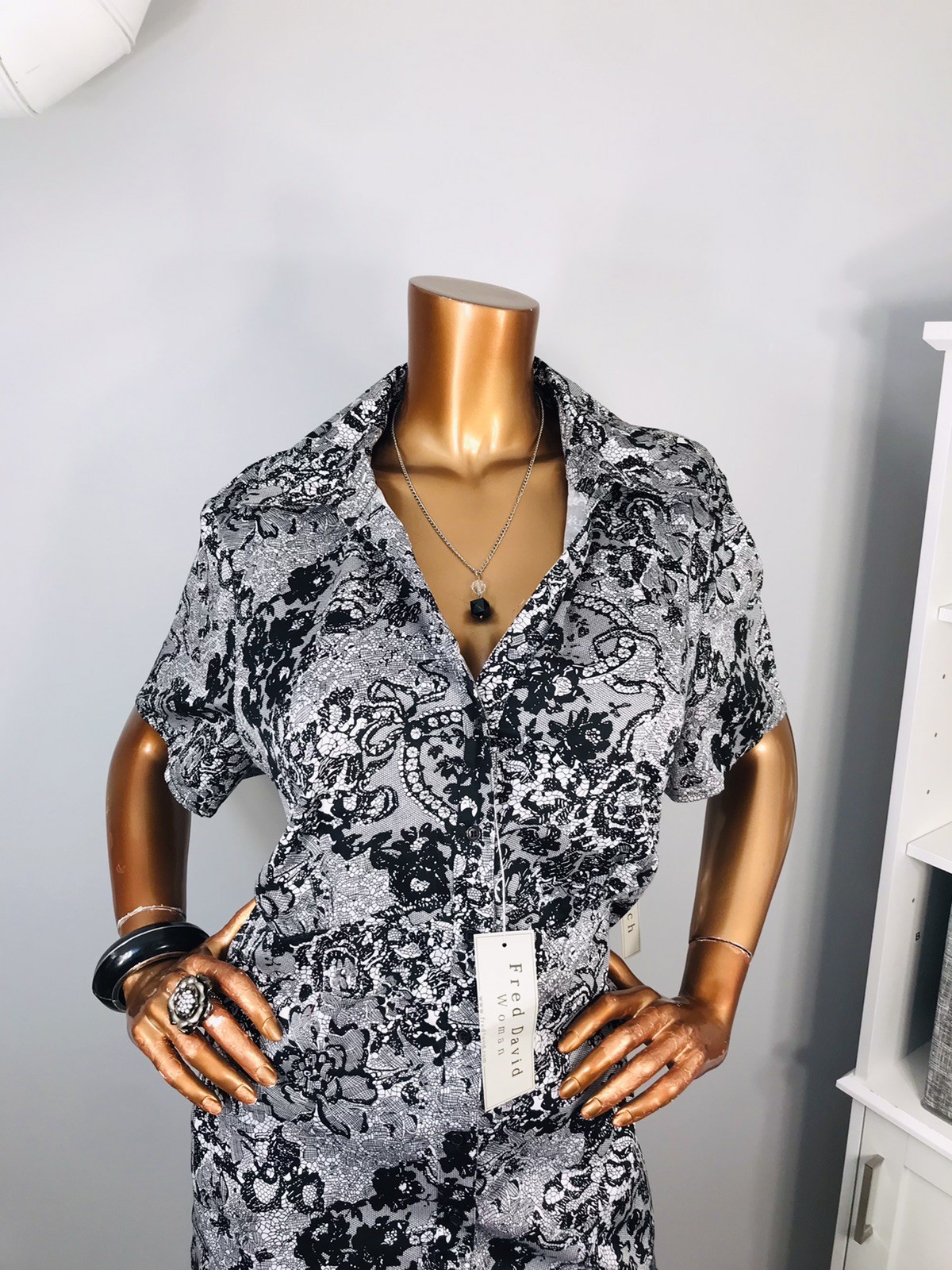 Fred David 2X Plus Top Stretch NWT Floral No-Iron Button Up Shirt Short Sl V Cut