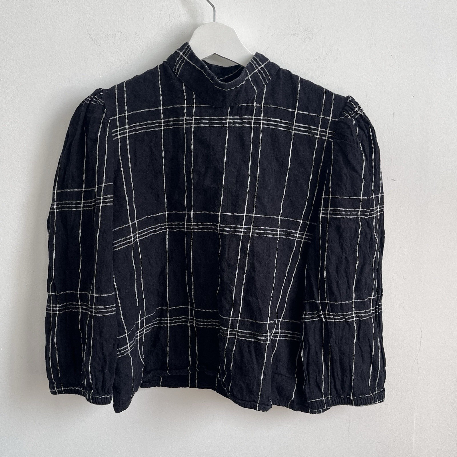 Eve Gravel Bardot Shirt Sz M Windowpane Black Puff Sleeve Cropped Preppy