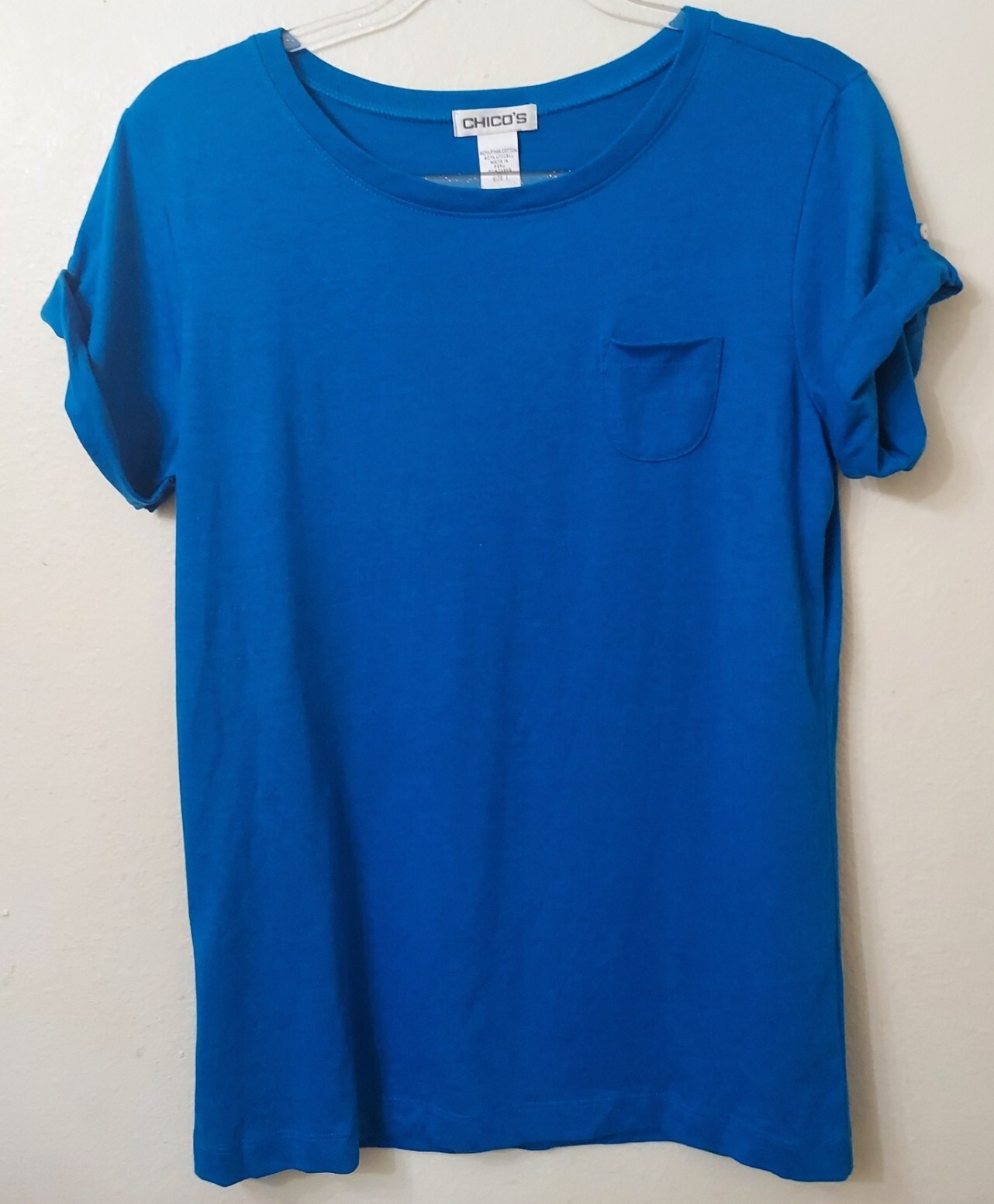 Chico’s Crew-Neck “Cecile ” Tee Angel Knit (Chico’s 1) 8 Blue Short Sleeves New