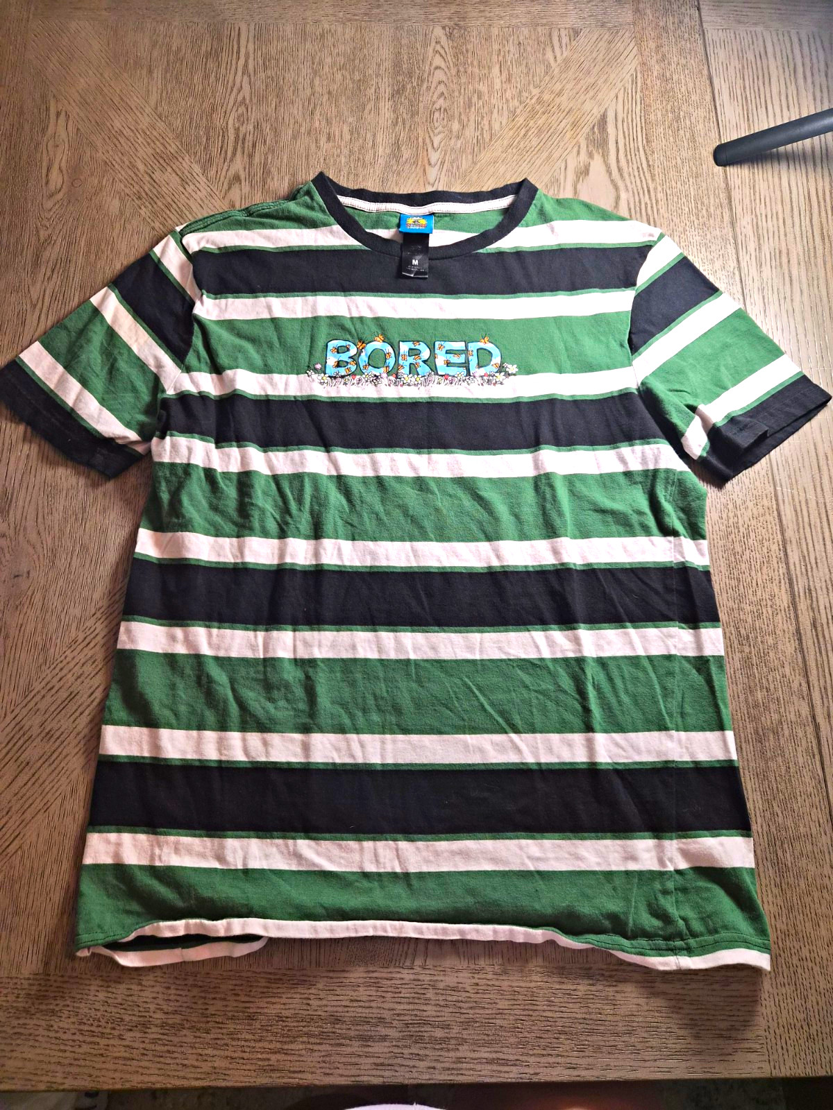 Teenage Vintage Green Black White Striped Logo Tee M