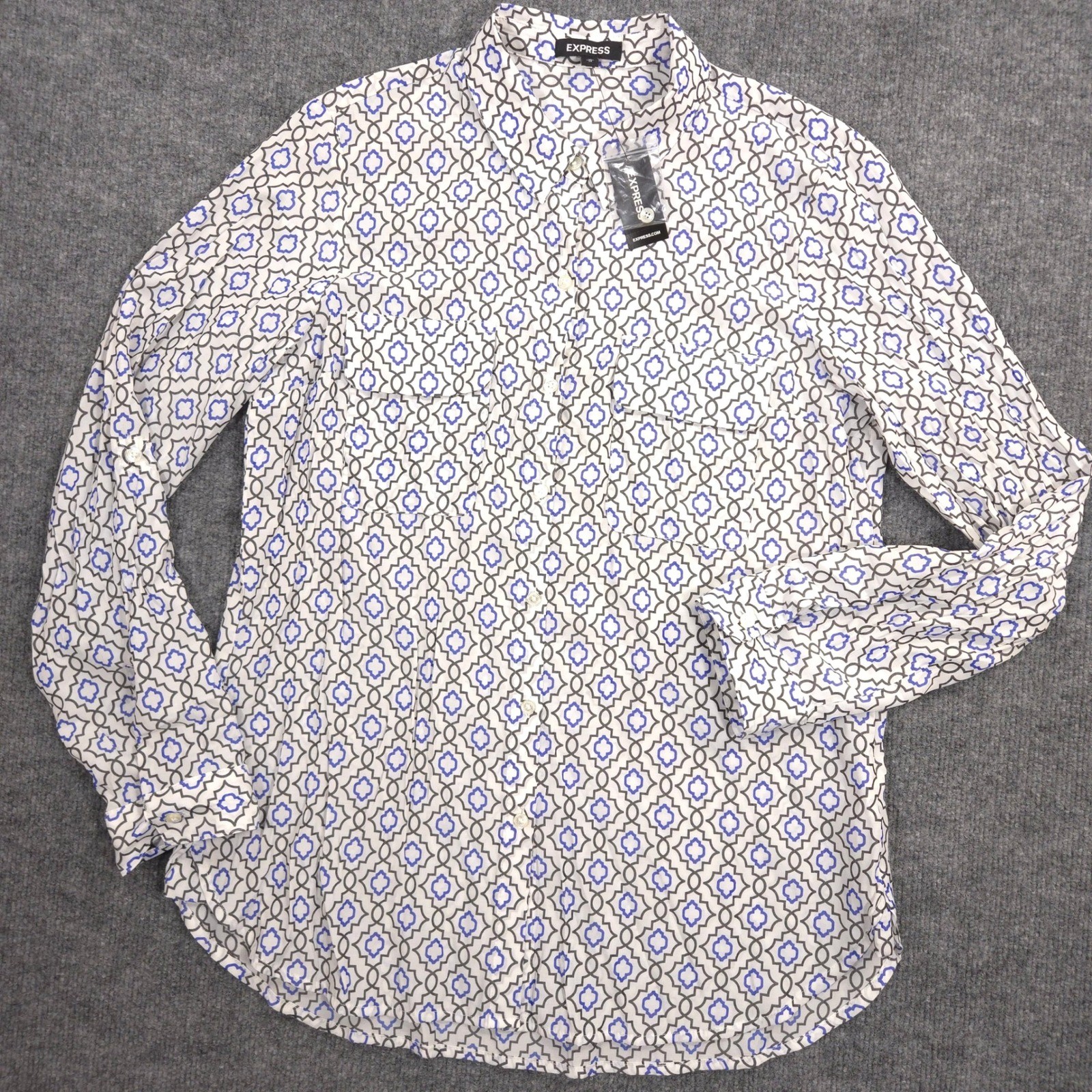 Express The City Shirt Womens M Blue Geometric Lightweight Roll Tab Sleeve NEW