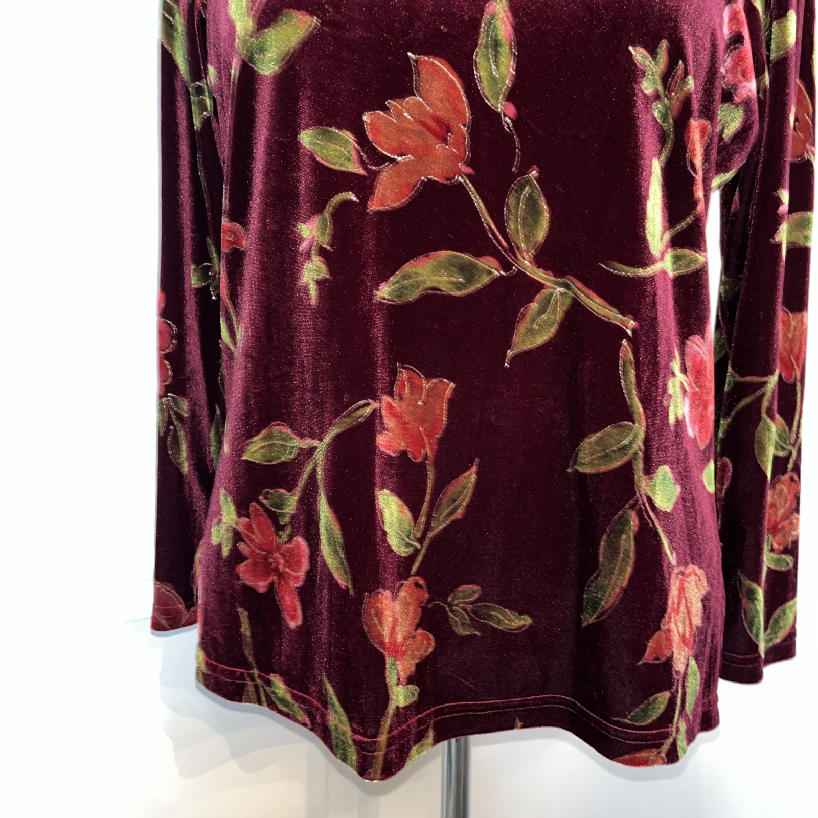 Notations Top Women’s Size L Floral Burgundy Velvet Burnout Long Sleeve Blouse