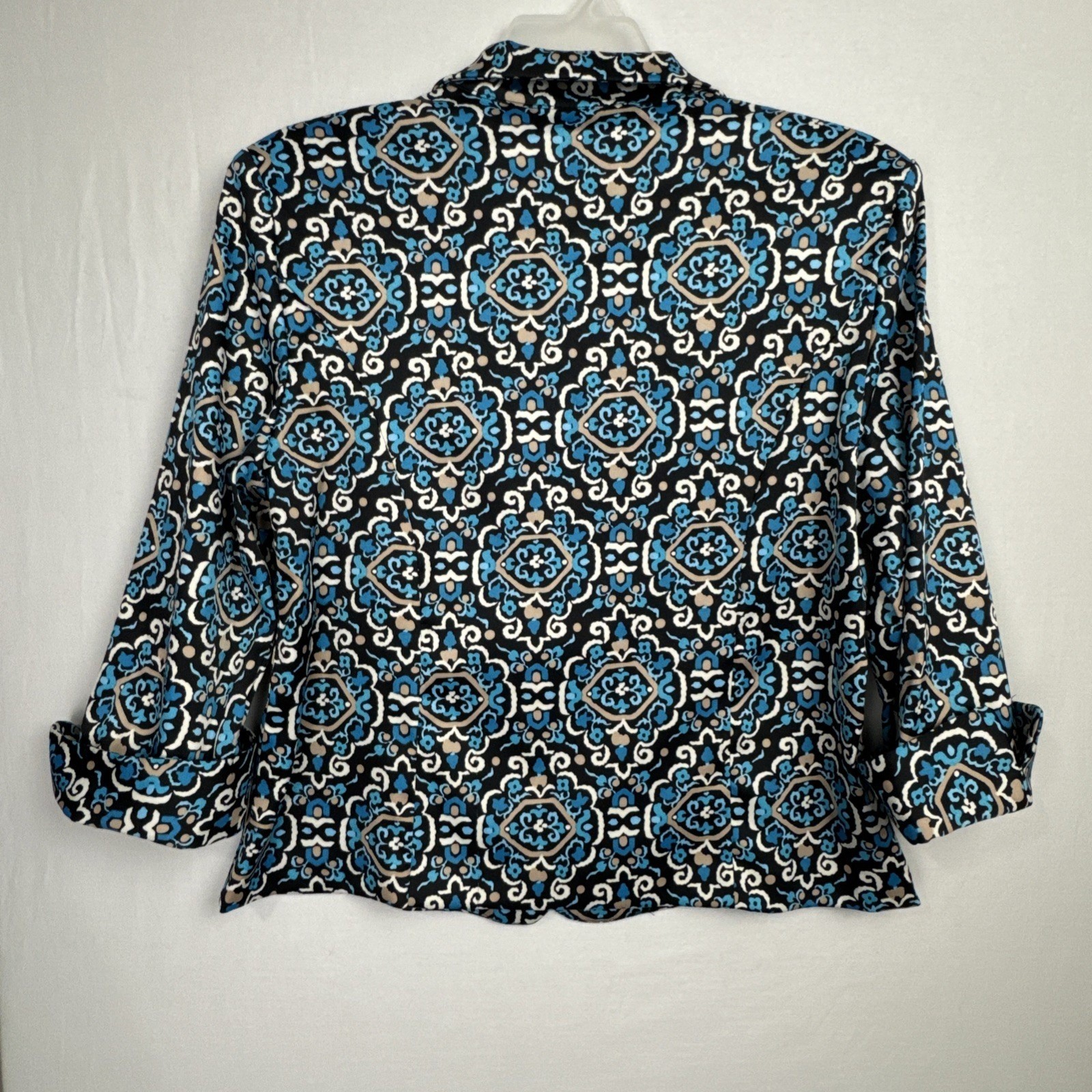 Dressbarn Blue Black Tan Blazer Women’s XL medallion boho Moroccan tile print