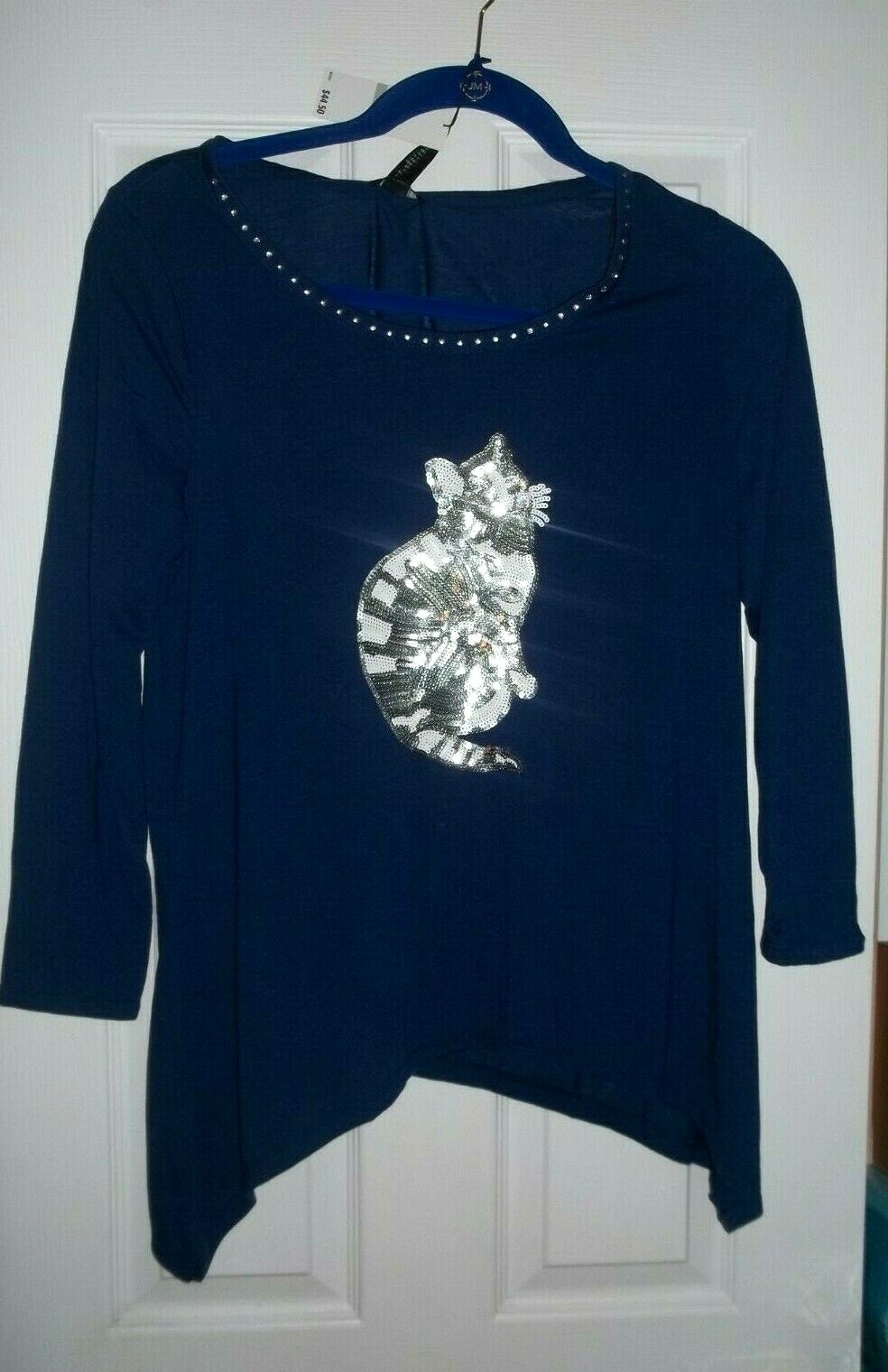 Black or Blue SILVER Sequin Kitty CAT T-Shirt Top Shirt Womens 1X or 2X NWT