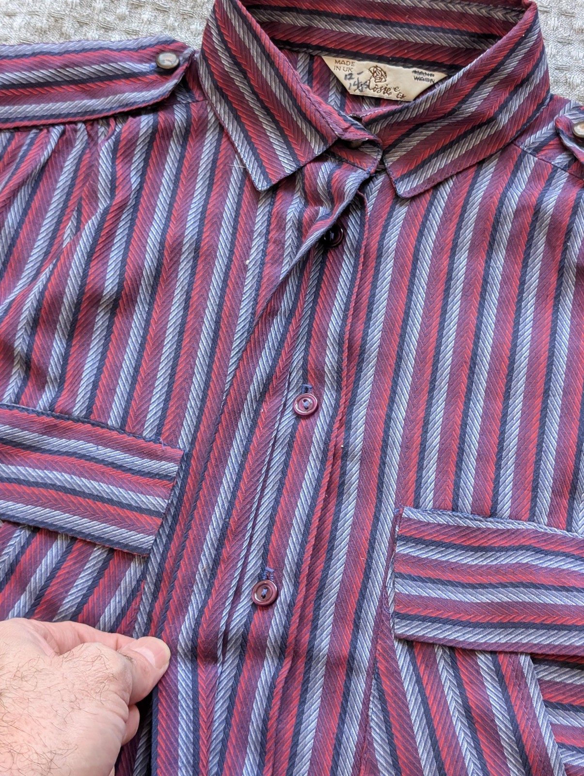 Vintage Shirt Womens 12 Red Stripe Tunic Dolman Pocket Epaulette Made UK 80s 90s