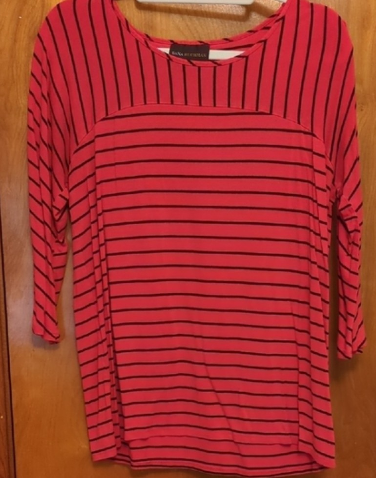Dana Buchman Women’s L Coral Black Striped Round Neck 3/4 Sleeve Pullover Top