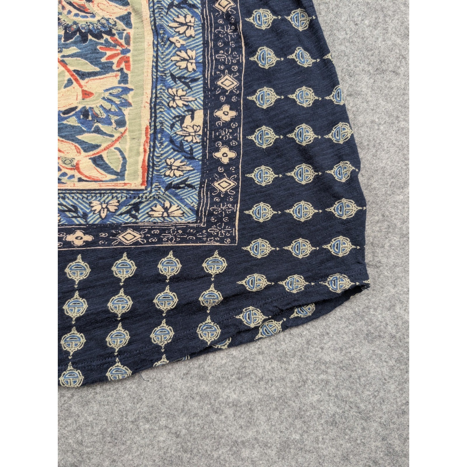 Lucky Brand Womens 2X Navy Blue Medallion Tile Print Boho Slub Knit T-Shirt Top