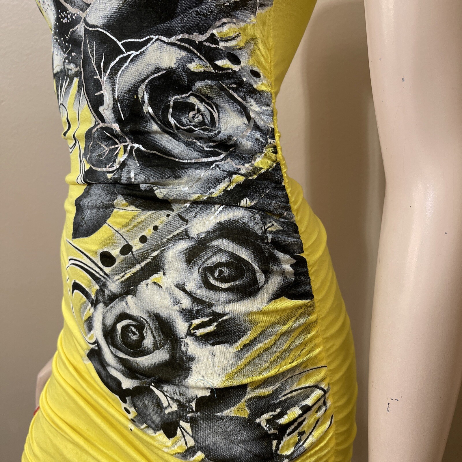 Women’s Yellow Painted Rayon Casual Summer Open Stretch Slim Size S Blouse Tunic