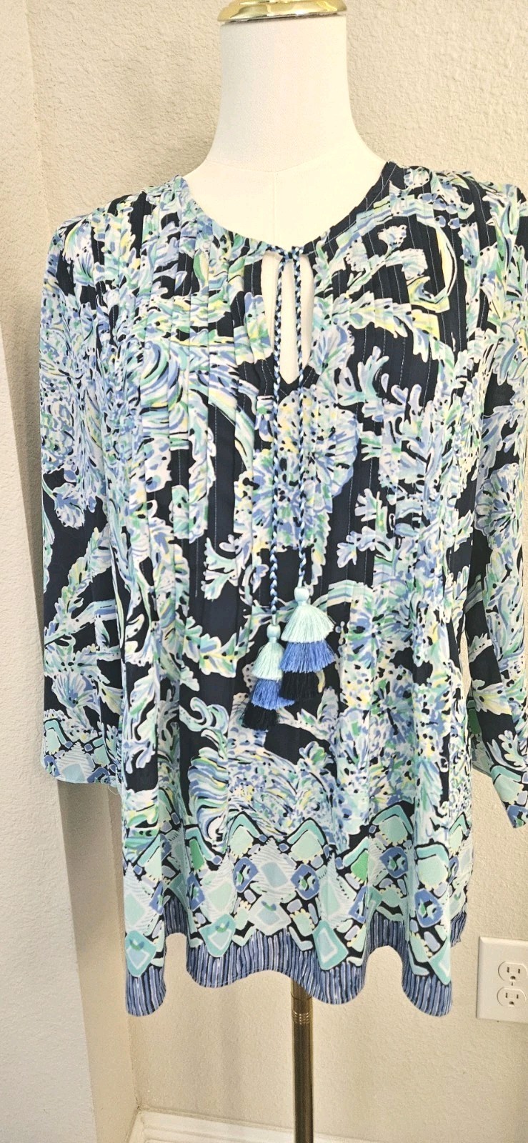 Lilly Pulitzer Marilina Tunic Top Womens S Blue Floral Tunic Blouse Tassel Tie