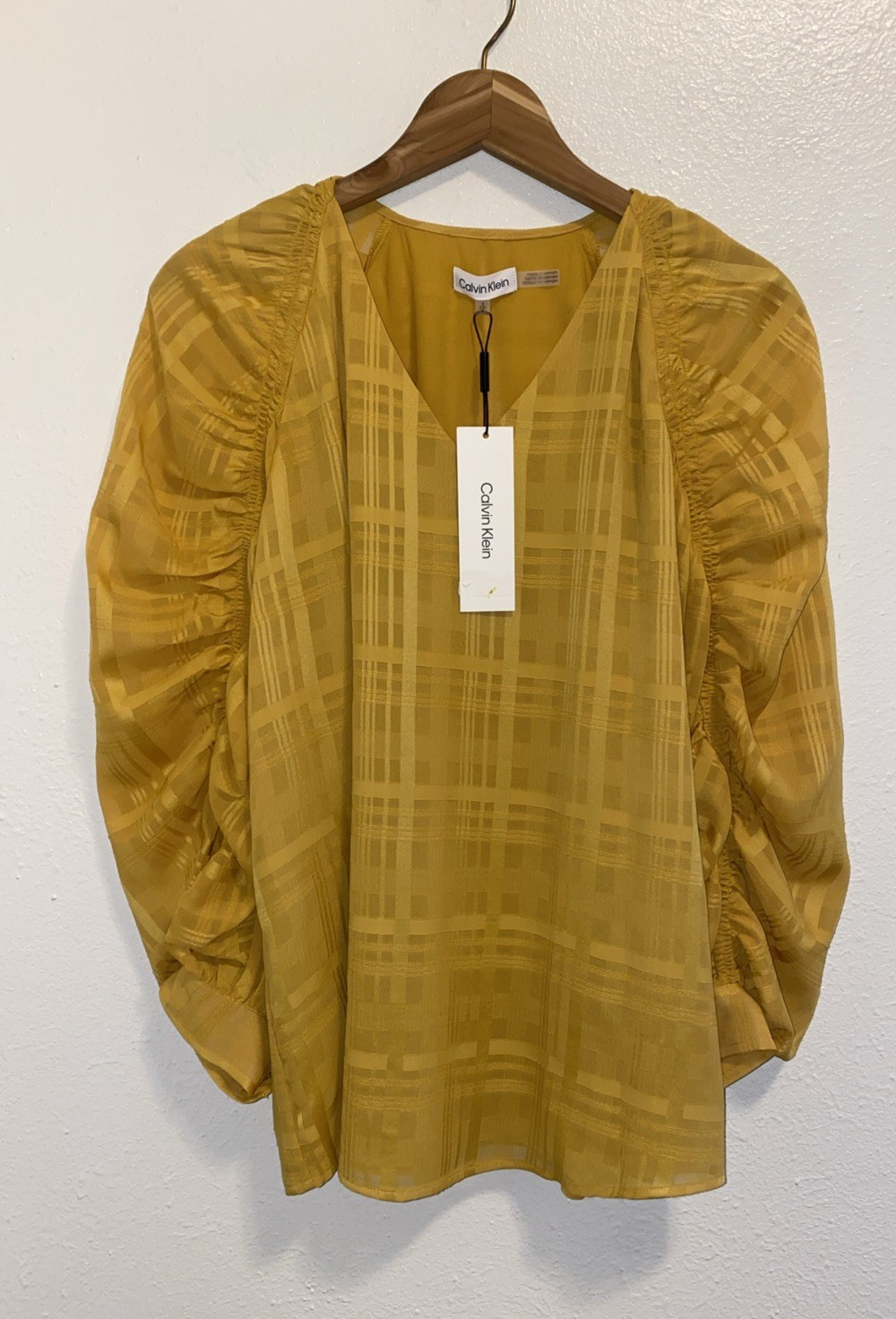 Calvin Klein Gold Balloon Gathered Sleeve Holiday Career Lined Blouse Small NWT