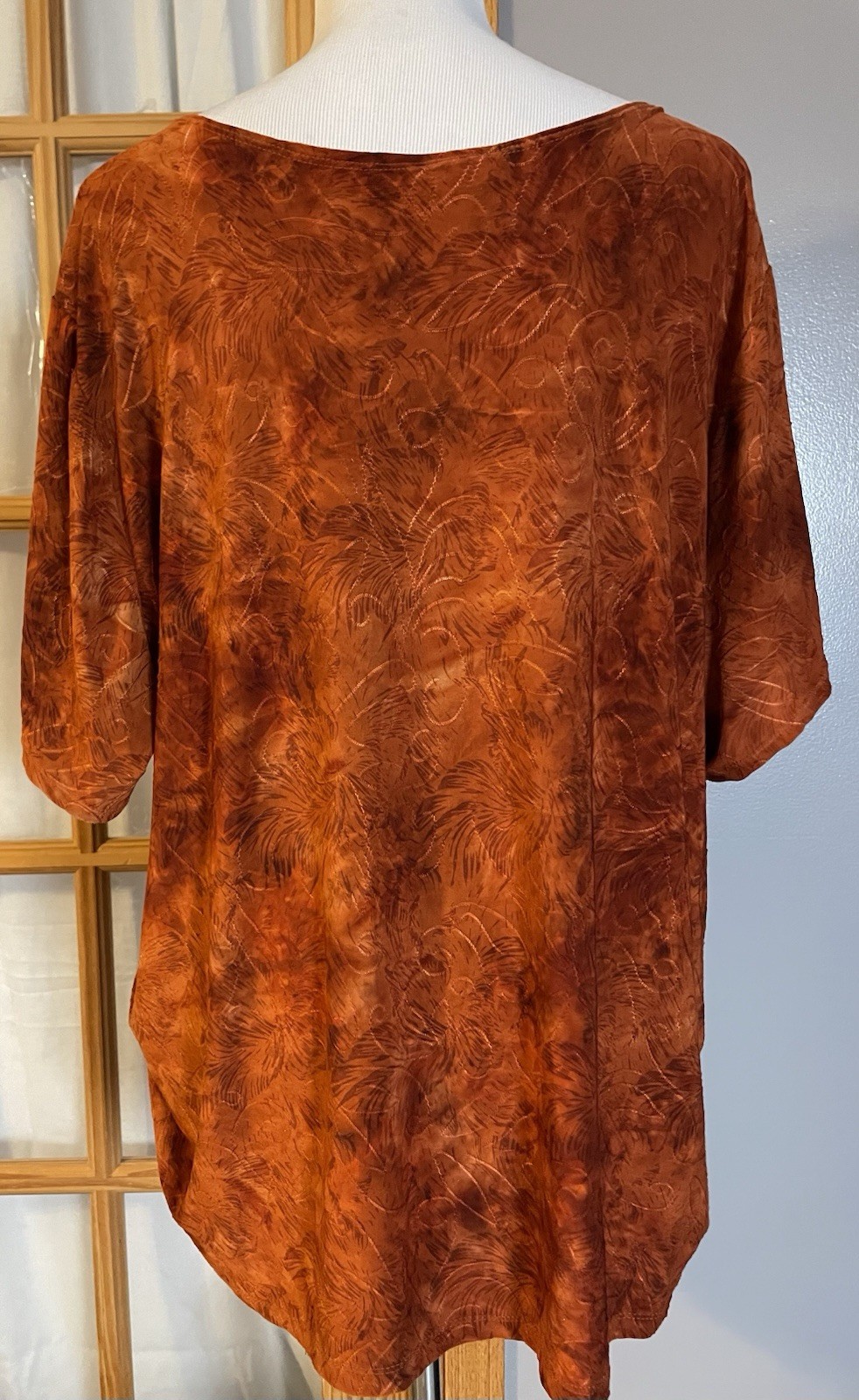 90s Essentials Floral Blouse 3X Rustic Brown Beads Side Ruched Boho Cottagecore