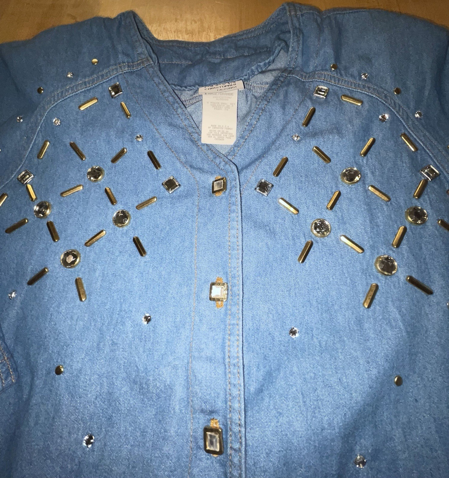 Vtg 80s 90s Denim Petite Large Womens Buttonup Western Embellished Top Jacket