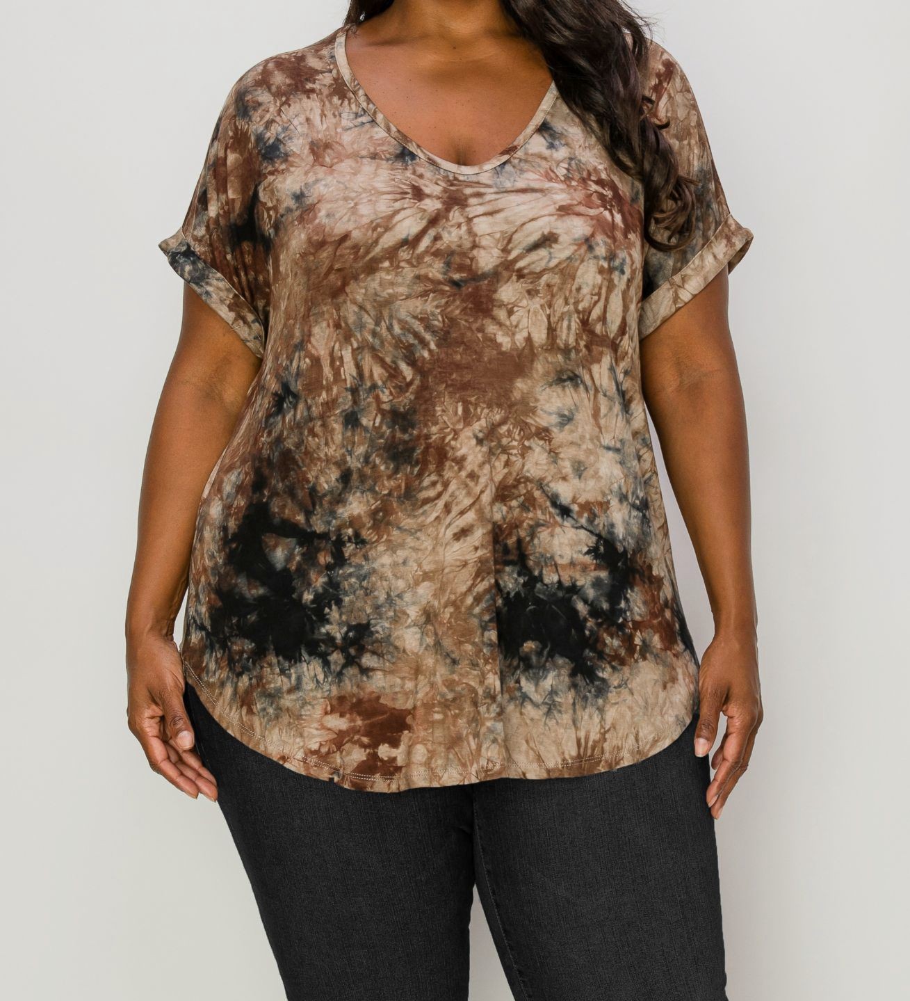 Coin 1804 Women’s Brown Tie-Dye V-Neck Cuffed Sleeve T-Shirt Top Plus Size 2X