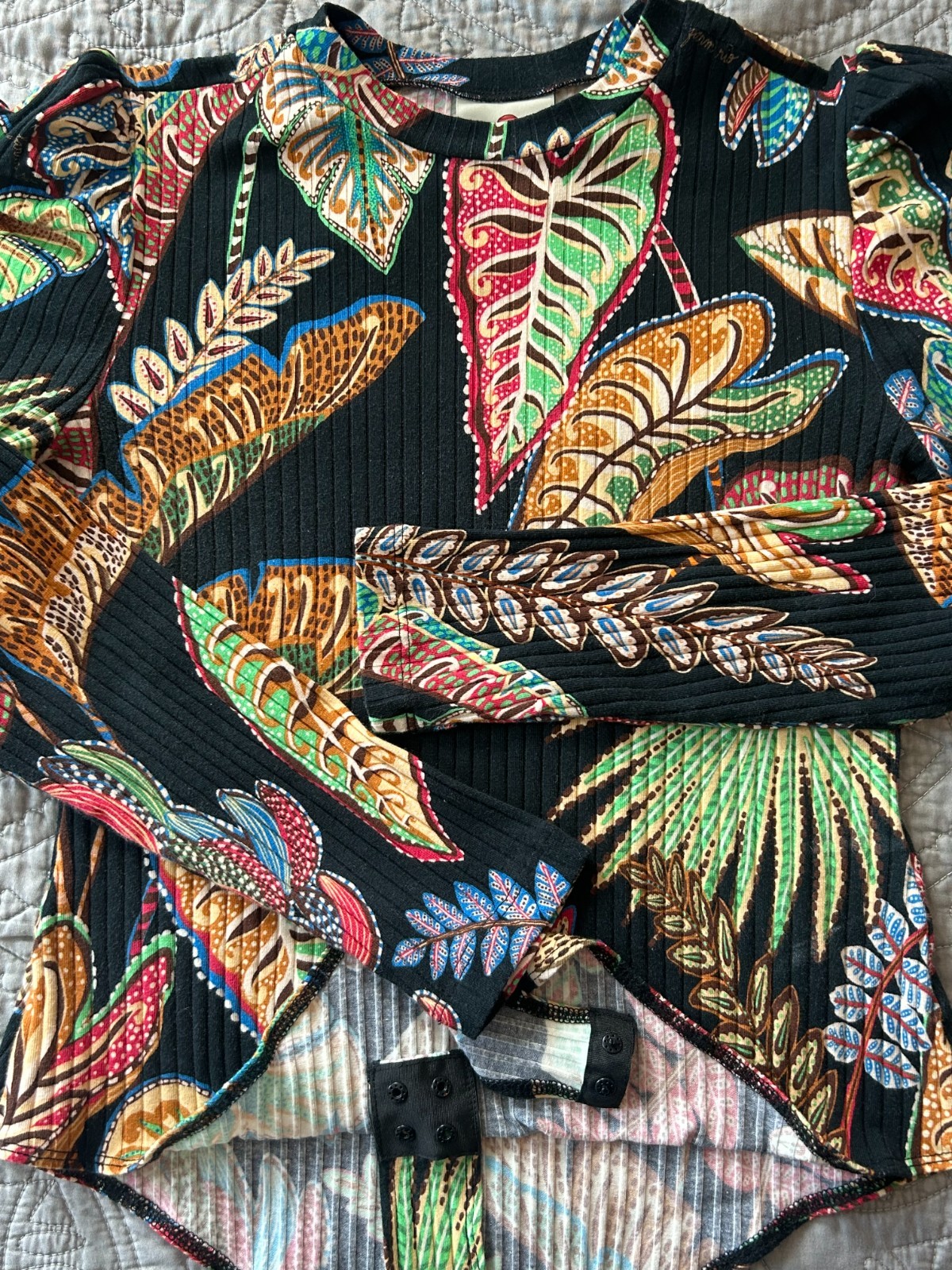 Farm Rio Cool Foliage Bodysuit M Vibrant Tropical Leaf Print Long Sleeve Top