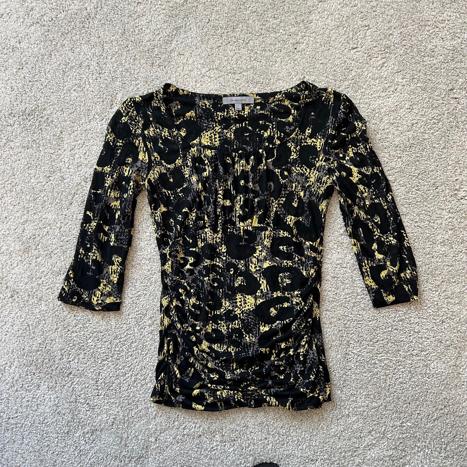 Classiques Entier Women’s Size Small 50% Silk Black Yellow Patterned Ruched Top