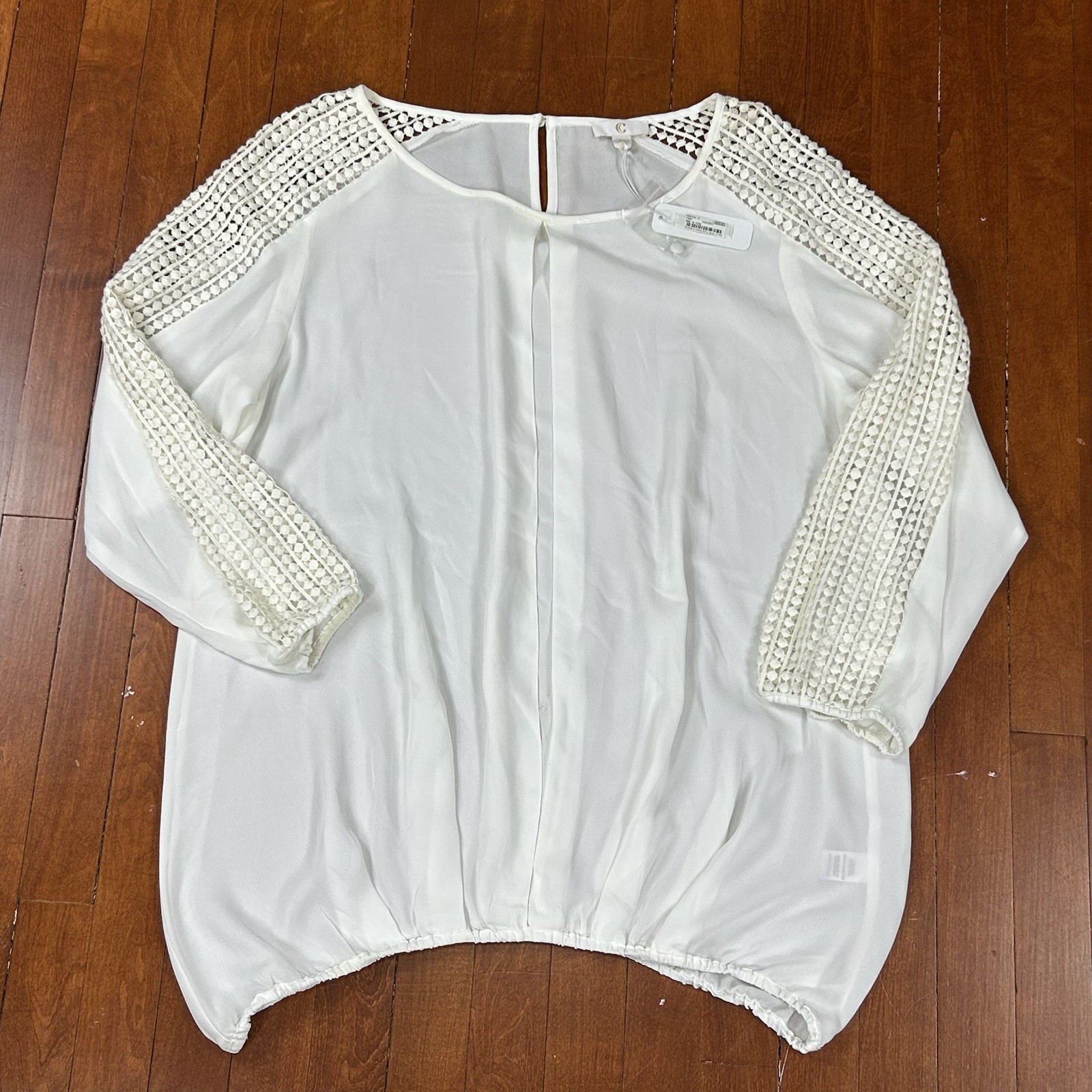 Charming Charlie Womens Large Ivory Semi Sheer Blouse Long Sleeve Crochet Trim