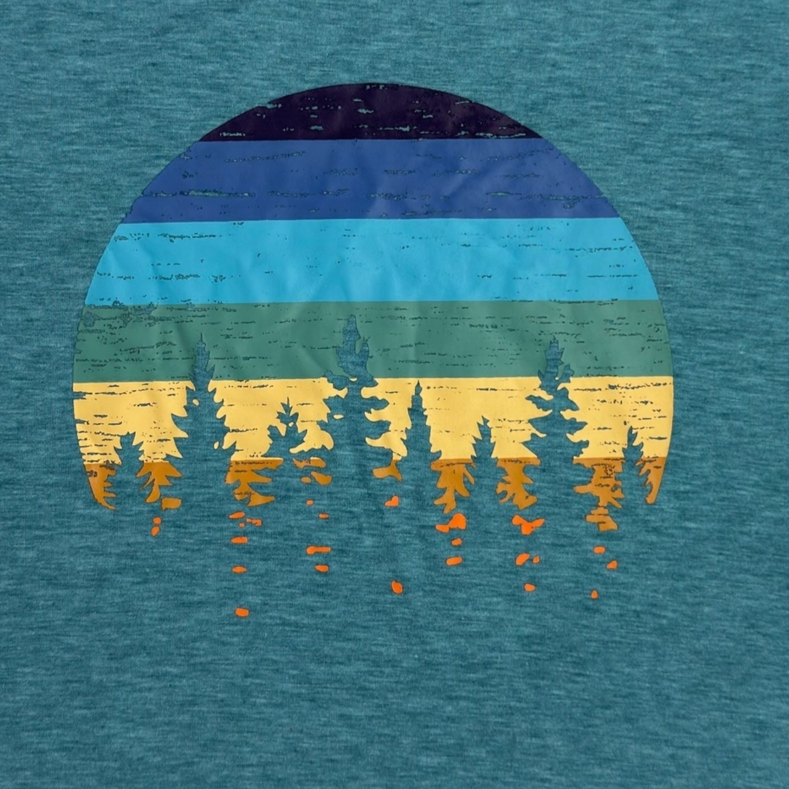 NWOT Graphic Tee Women M Teal Retro Forest Sunset T-Shirt Naturecore Hiking