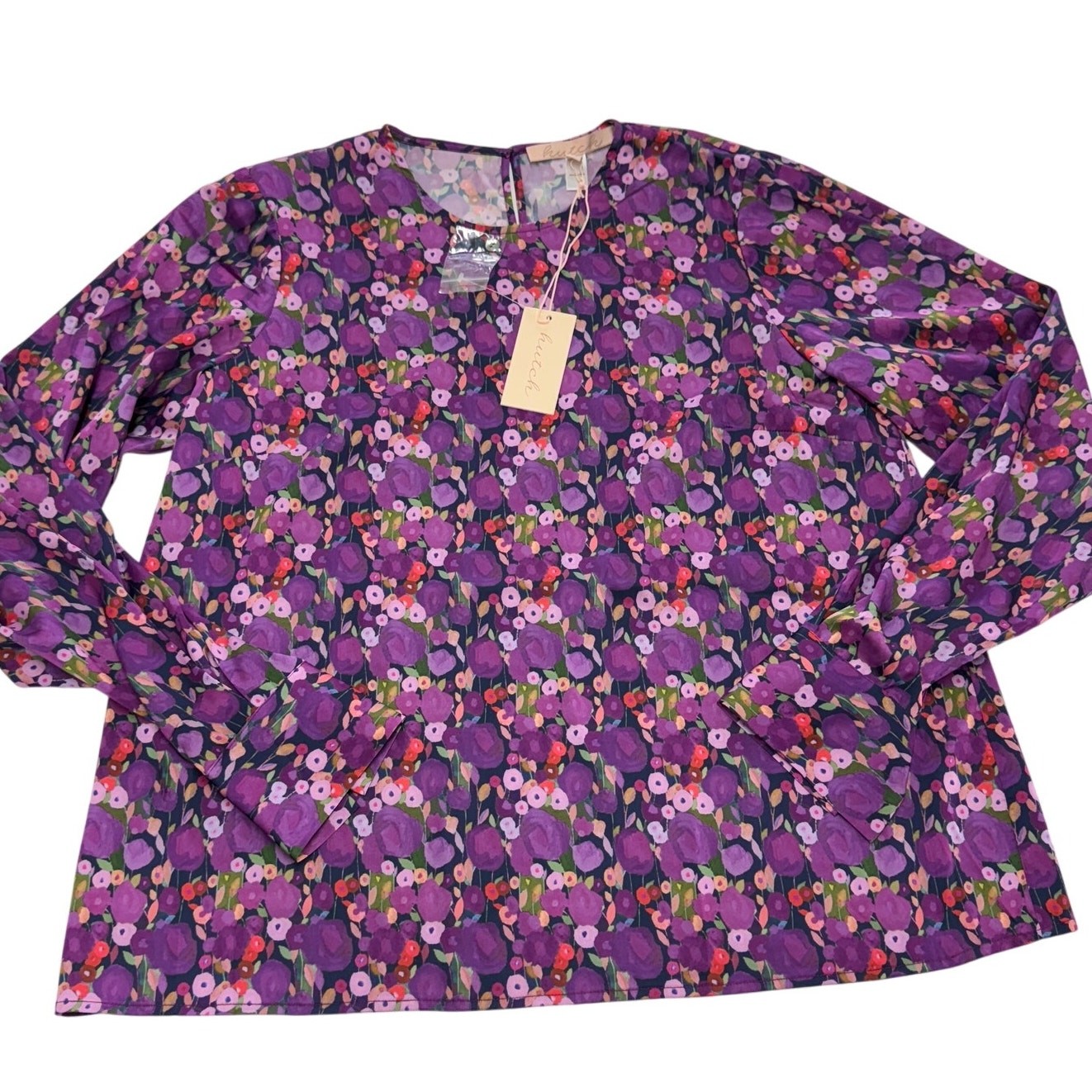 Hutch Blouse Womens Large Purple Floral Davy Watercolor Whimsy Satin Crew Neck